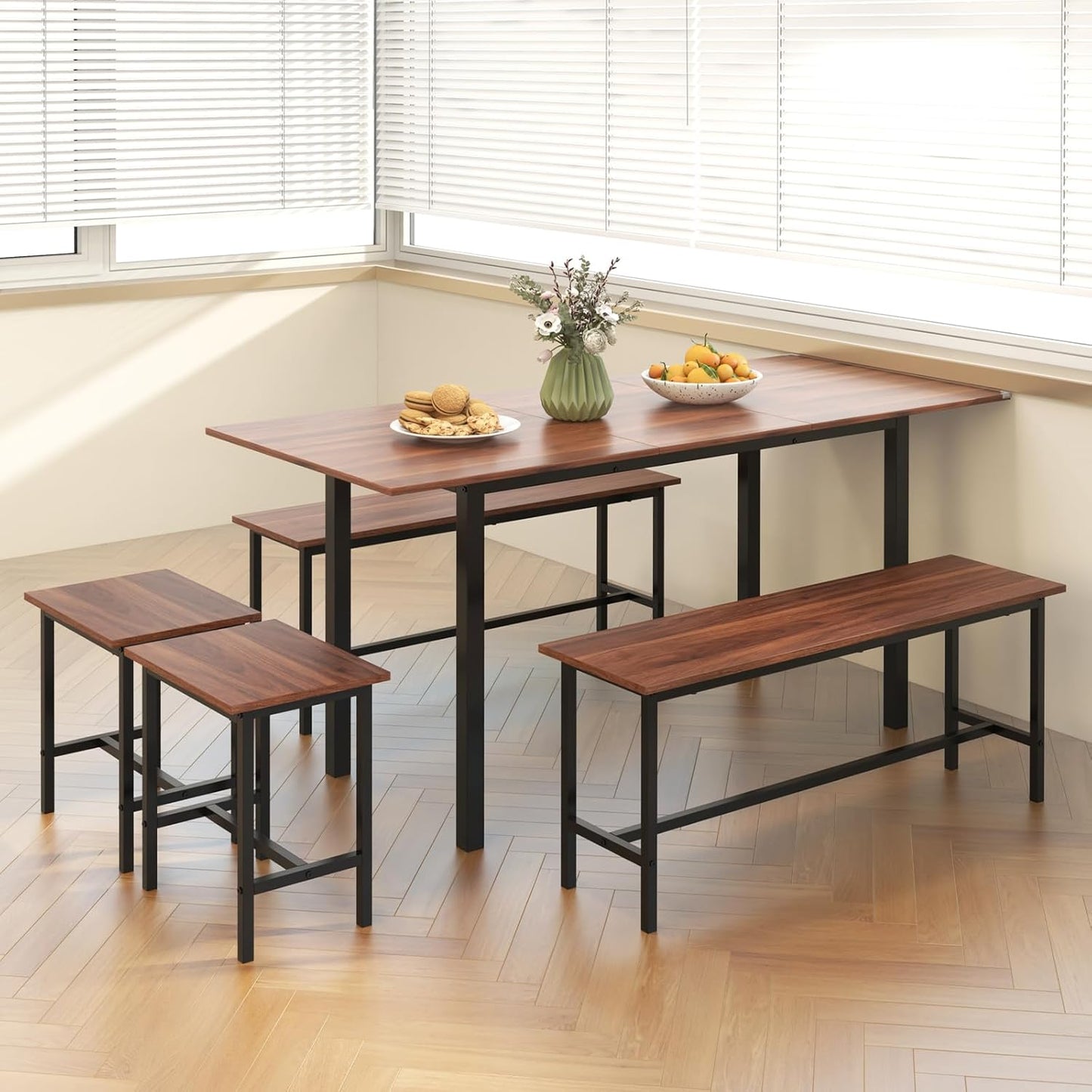 Dining Table Set for 4-6, 5-Piece Kitchen Table Chairs Set, 63” Extendable Table with 2 Benches, 2 Stools, Dinette Table Set, Breakfast Nook Table Set, Dining Room Table Set