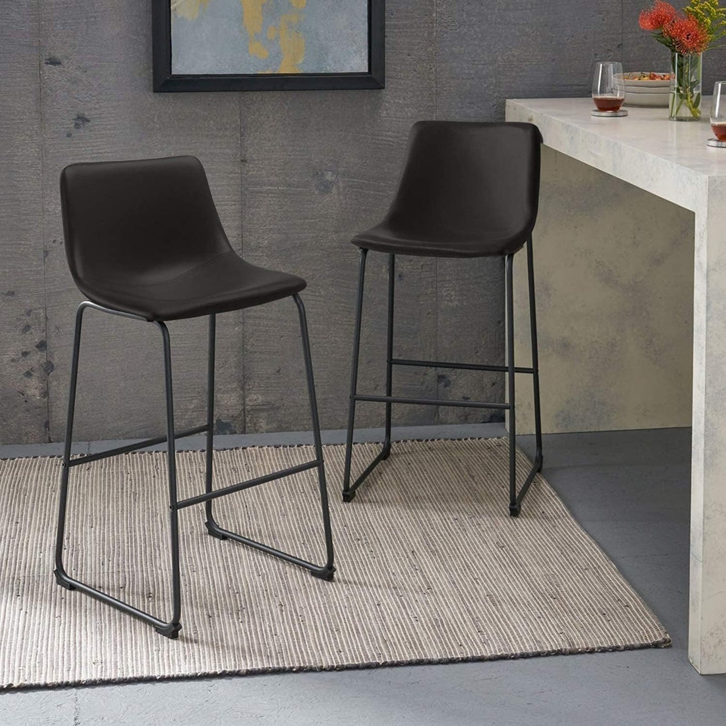 30 inch Bar Stools Set of 2,Counter Height Bar Stools with Back, Modern PU Leather Stools with Metal Leg and Footrest (Black, 2 Pcs 30" Counter Height Barstools)