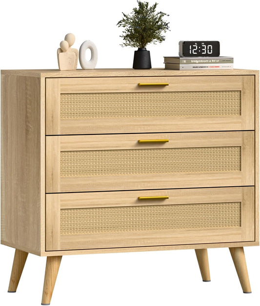 3 Drawer Dresser for Bedroom, Rattan Chest of Dressers, Boho Rattan Dresser Modern Wood Chest of Drawers with Golden Handles, Beside Table for Entryway, Living Room, Hallway, Bedroom (3 Drawers)
