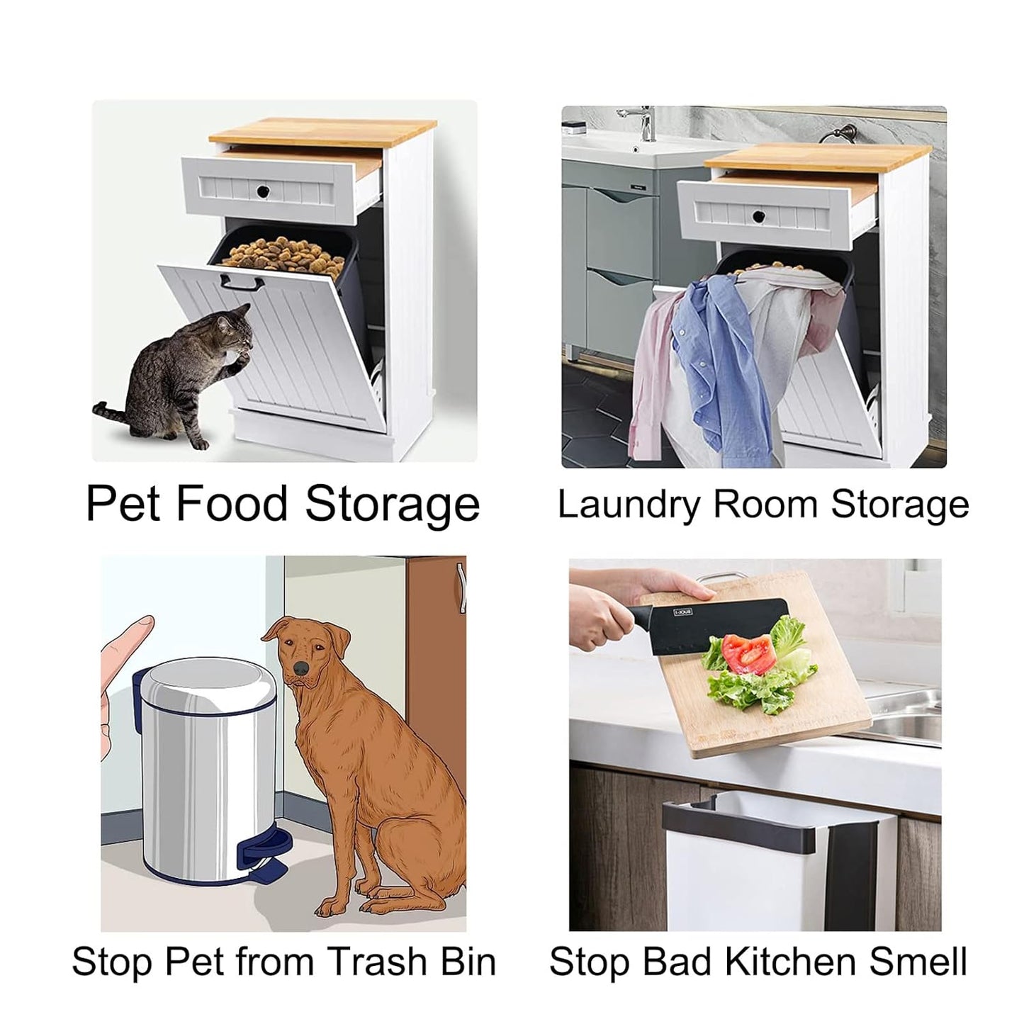Trash Cabinet Tilt Out Freestanding, Pet Proof Kitchen Trash Cabinet Laundry Hamper with Cutting Board, Wood Garbage Recycling Station Hideaway Trash Holder Drawers (1, White)