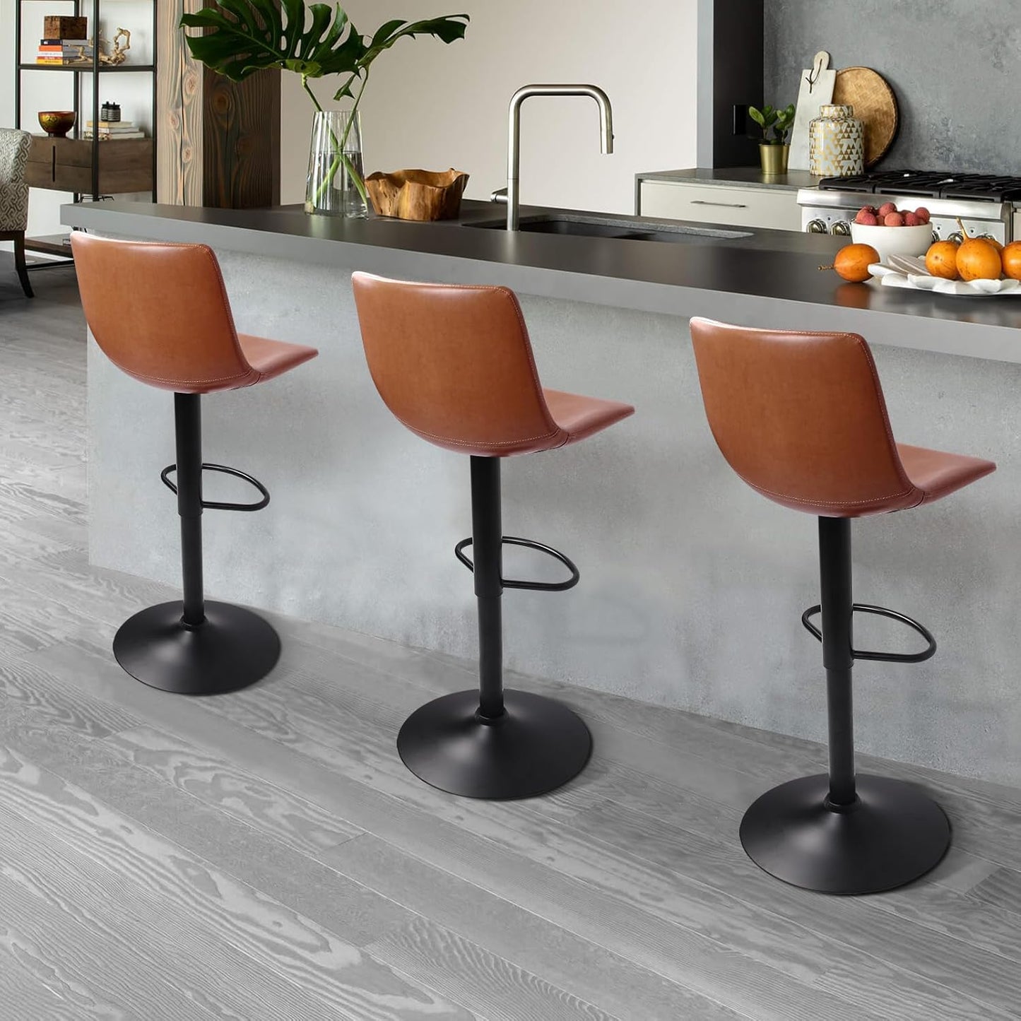 Bar Stools Set of 2 Modern Swivel Barstools Counter Height with Backrest, Faux Leather Upholstered Bar Chairs for Kitchen Island, Brown