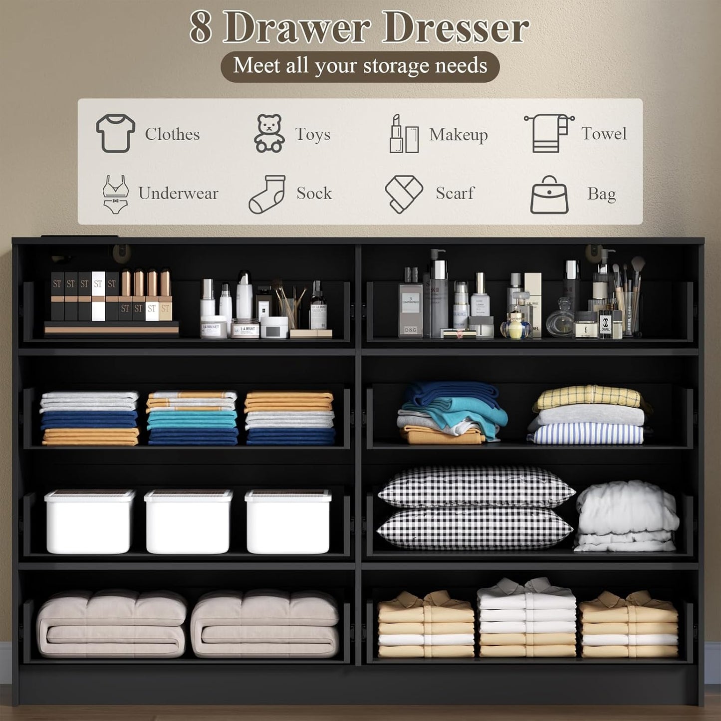 8 Drawers Dresser with Charging Station, White Dresser for Bedroom with LED Lights, Modern Chest of Drawers for Closet, Double Wide Dressers Organizer for Bedroom, Living Room, Entryway (Black)