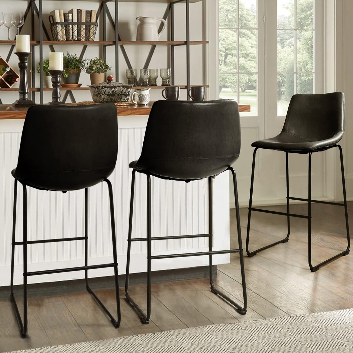 30 inch Bar Stools Set of 2,Counter Height Bar Stools with Back, Modern PU Leather Stools with Metal Leg and Footrest (Black, 2 Pcs 30" Counter Height Barstools)
