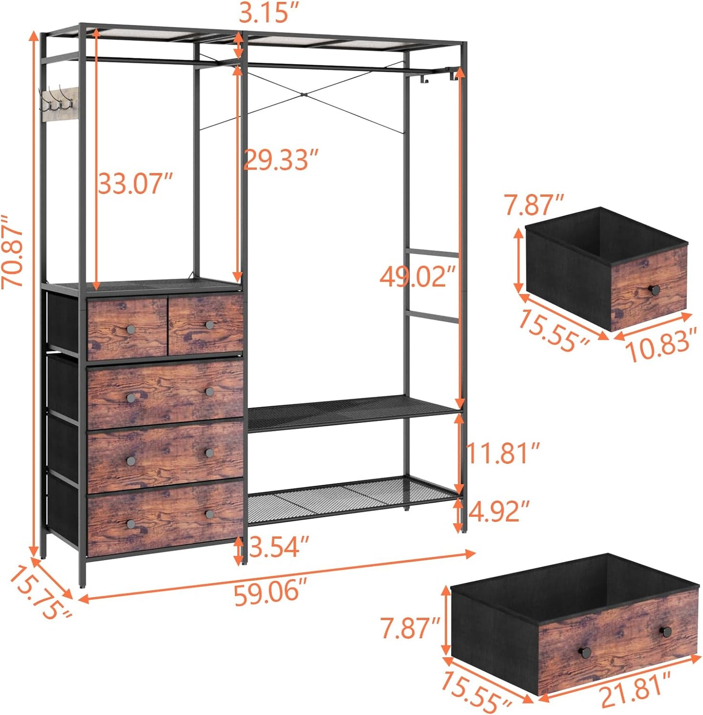 Heavy Duty Clothes Rack with 5 Drawers & 4 Storage Shelves, 70.9Hx59.1W Clothing Rack with 2 Hanging Rods, Wardrobe Closet Rack with 5 Hooks, Freestanding Garment Rack (Rustic Brown)