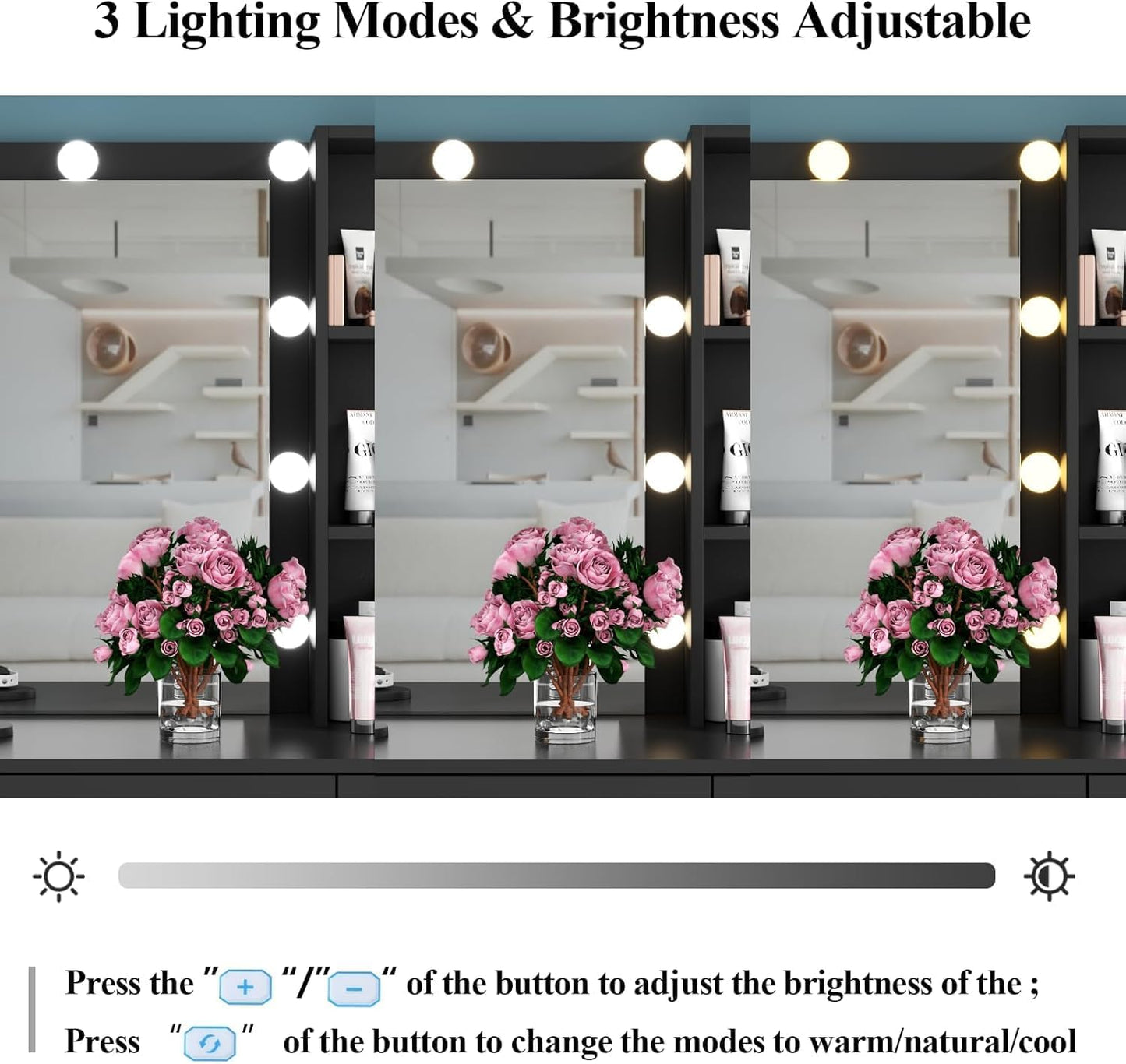 Vanity Desk with Lighted Mirror & Power Outlet, Makeup Vanity Table with 6 Drawers, 3-Tier Shelf, Vanity Dresser with 10 Lights in 3 Lighting Colors for Bathroom, Bedroom,Makeup Room, Black