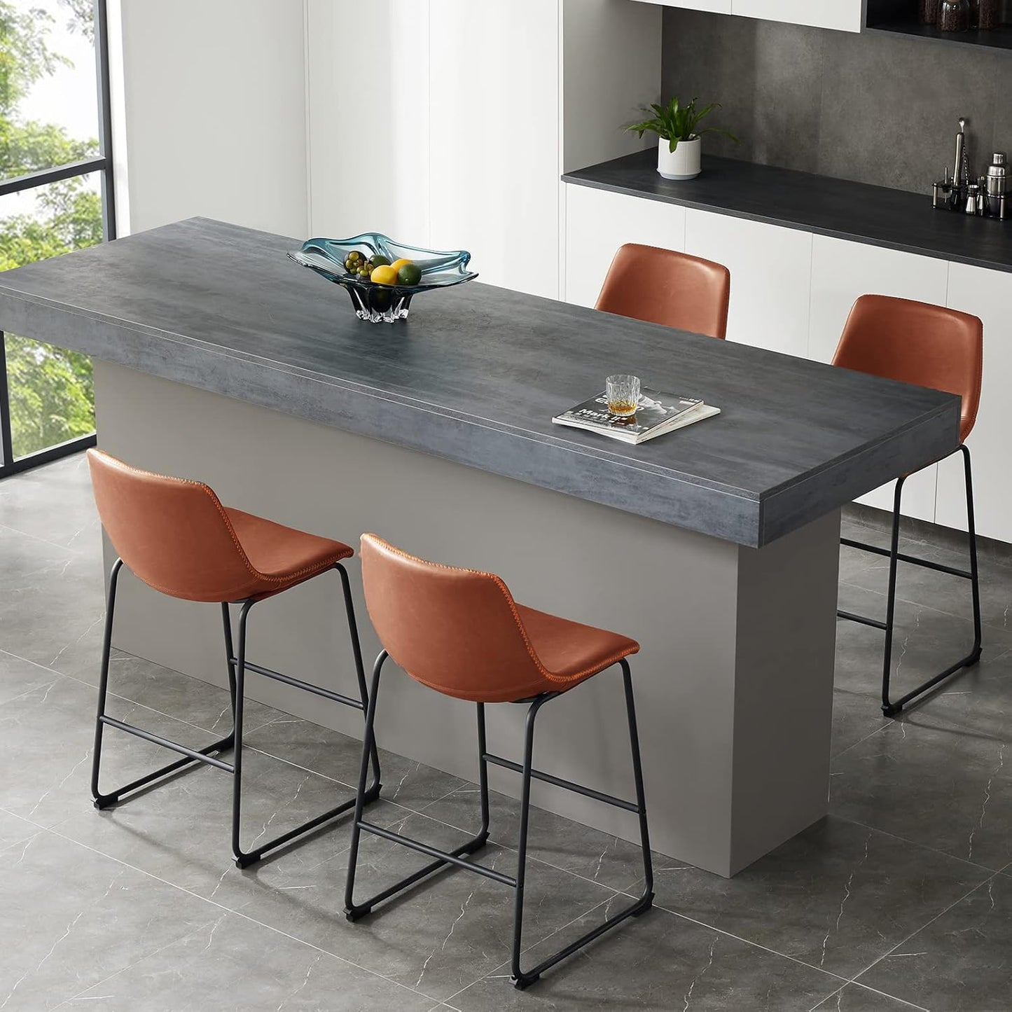 Counter Height Bar Stools Set of 2, Modern Counter Stool Faux Leather Barstools with Back, 26 inch Seat Height Island Stools Countertop Comfortable Brown Bar Chairs with Metal Legs