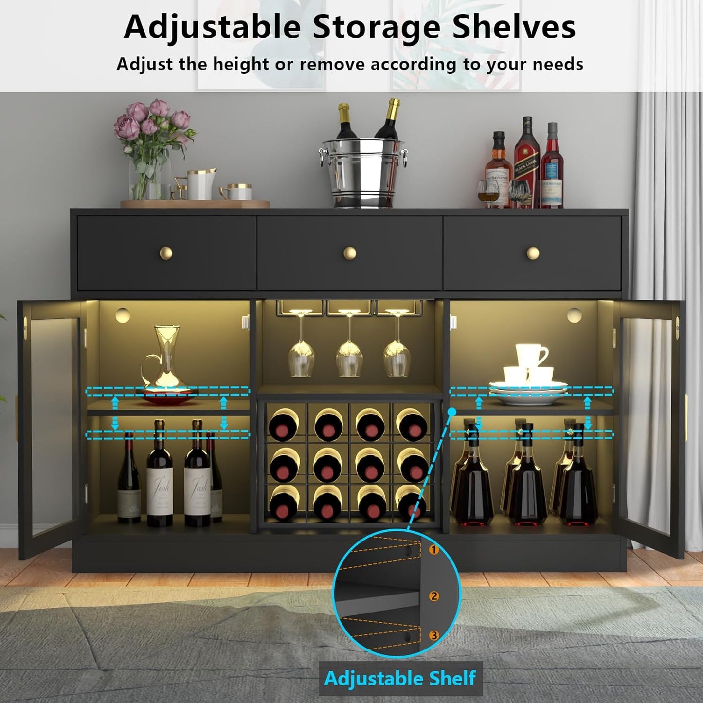 Wine Bar Cabinet with LED Light, Home Coffee Cabinet with Wine and Glass Rack, Kitchen Buffet Sideboard with Storage Cabinet&Drawers, Modern Liquor Cabinet for Living Room Dining Room (Black.)