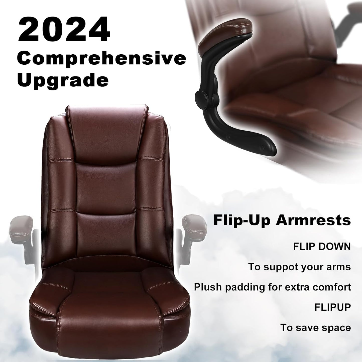 Big and Tall Office Chair Computer Desk Chair - Ergonomic High Back Lumbar Support Home Office Chair with Padded Flip-up Arms, Adjustable Height Leather Office Executive Chair (Brown)