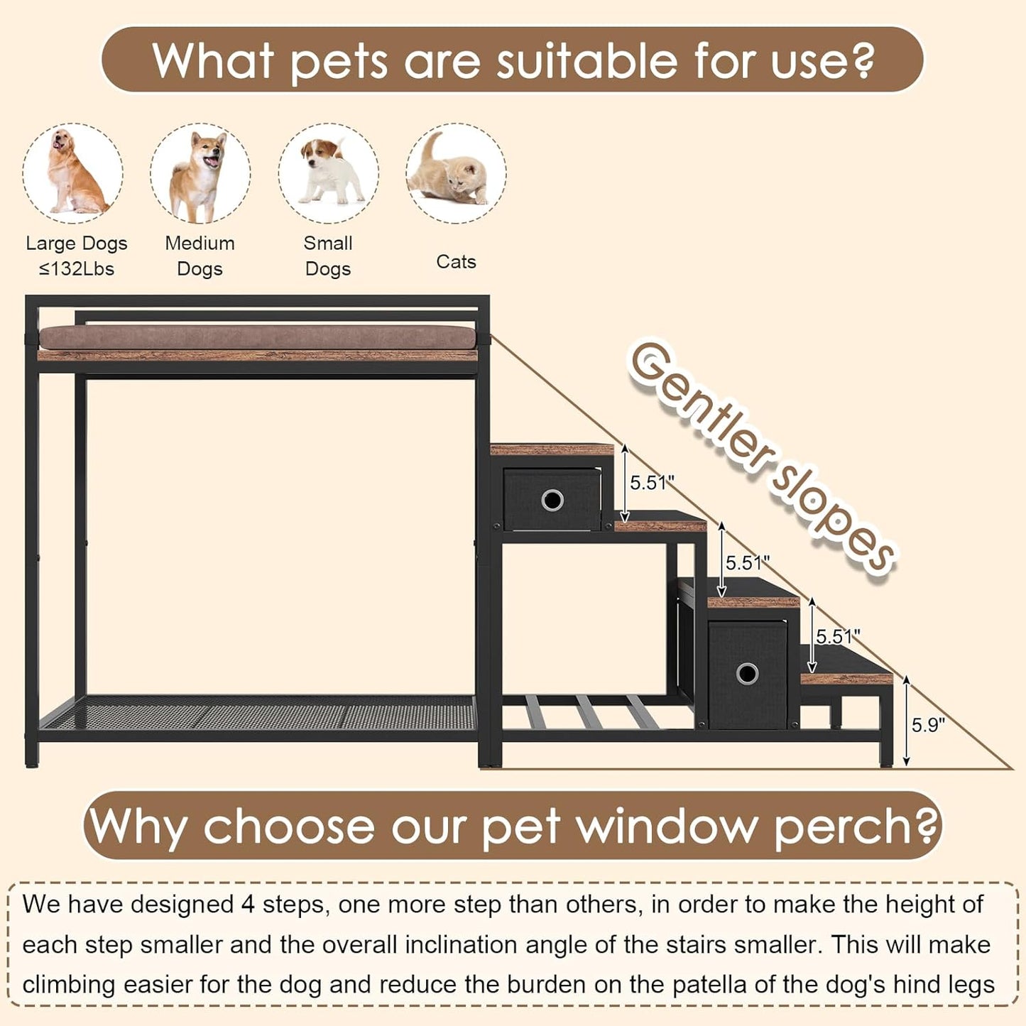 Pet Bunk Bed with Stairs and Storage, Dogs/Cats Window Perch, Bedside Lounge Elevated Dog Bed Multi-Level Platform with Foam Upholstery