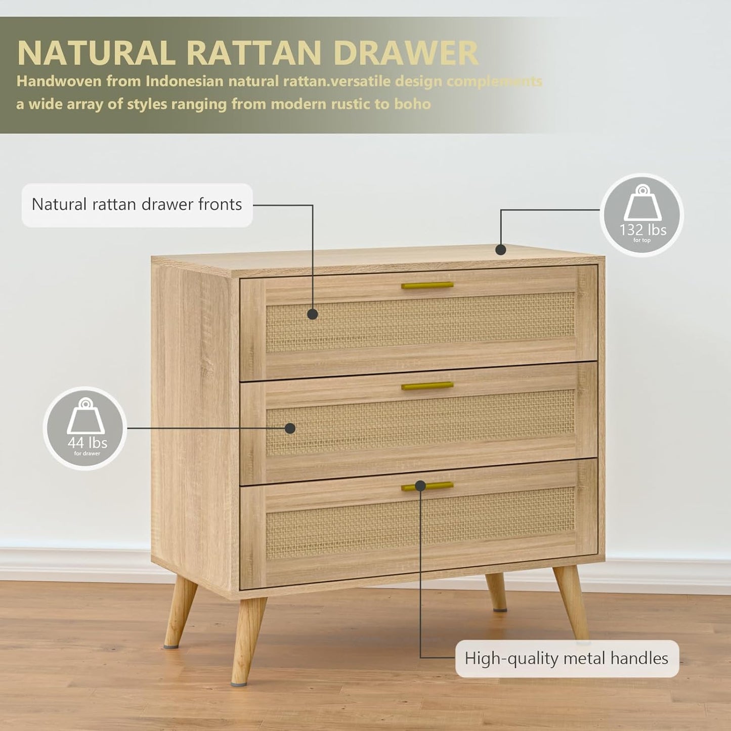 3 Drawer Dresser for Bedroom, Rattan Chest of Dressers, Boho Rattan Dresser Modern Wood Chest of Drawers with Golden Handles, Beside Table for Entryway, Living Room, Hallway, Bedroom (3 Drawers)
