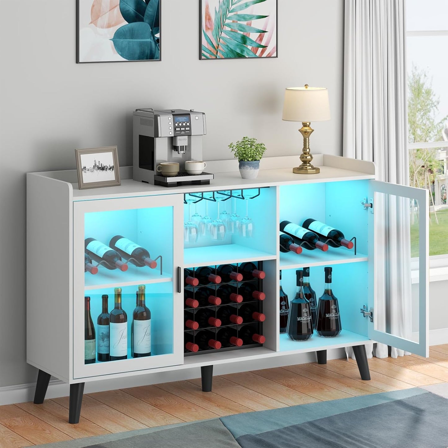 Wine Bar Cabinet with LED Light, Home Coffee Cabinet with Wine Rack and Glass Holder, Kitchen Buffet Sideboard W Storage Shelf, Freestanding Liquor Cabinet for Living Room, Dining Room (White)