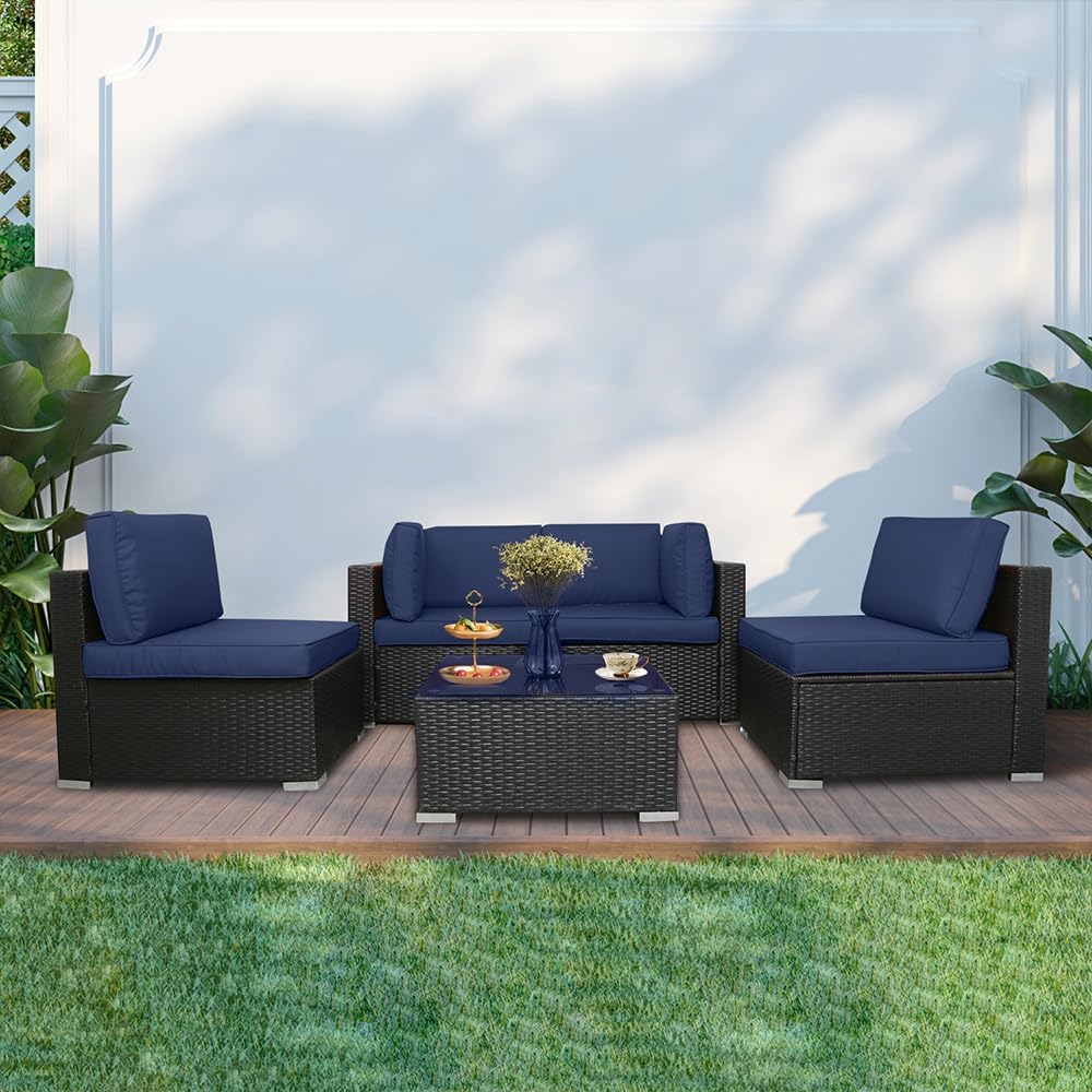 5pcs Outdoor Patio Furniture Set,Wicker Sofa Chairs PE Rattan Thick Cushions Couch with Tea Table and Washable Cushion(Dark Blue)