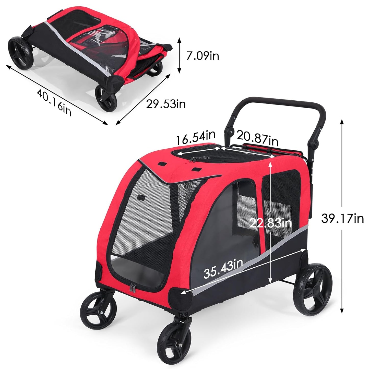Dog Stroller For Large Dogs, Extra Large Pet Stroller For For Medium Dogs, Dog Stroller For 2 Dogs, Dog Wagon, Dog Carriage, Foldable Design, Adjustable Handle, With Pocket, Up To 160 lbs, Red