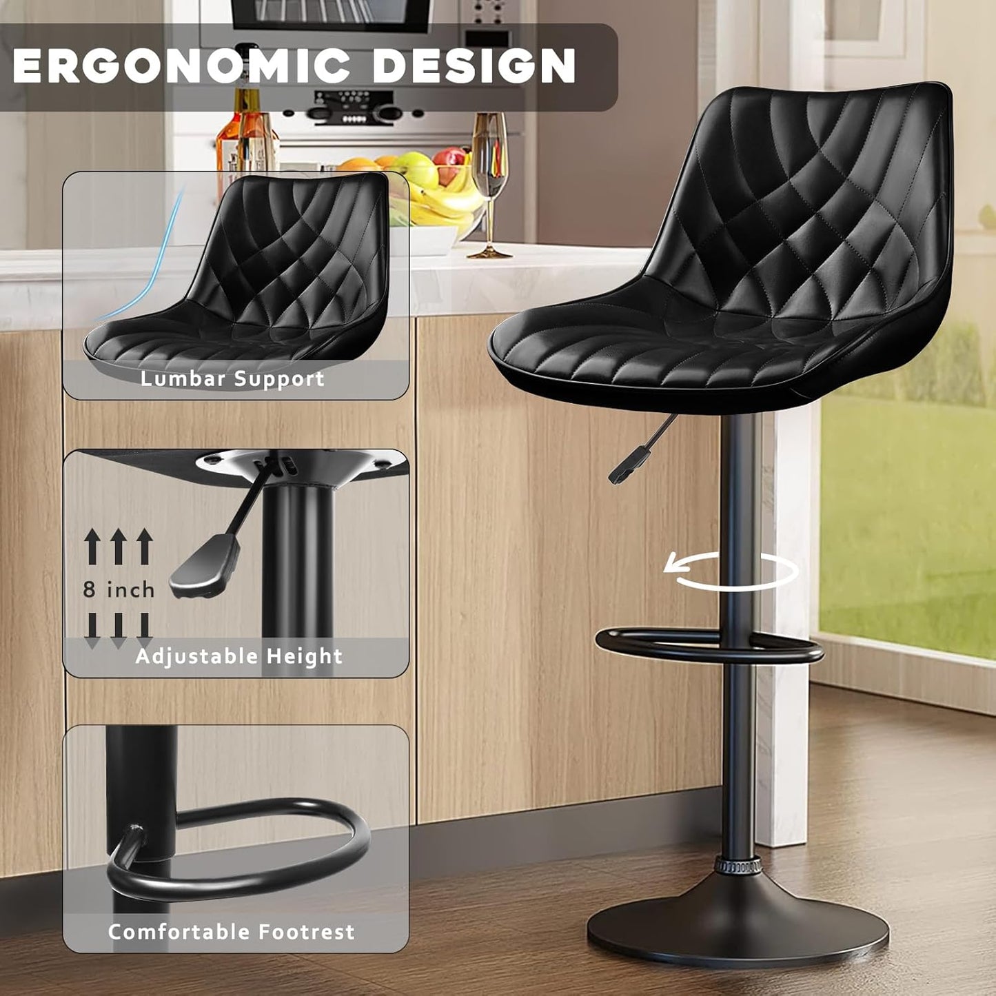 Adjustable Swivel Bar Stools Set of 2, Counter Height PU Leather Bar Stool with Back and footrest, Modern Upholstered Pub Bar Stools for Kitchen Island, 350 LBS Capacity