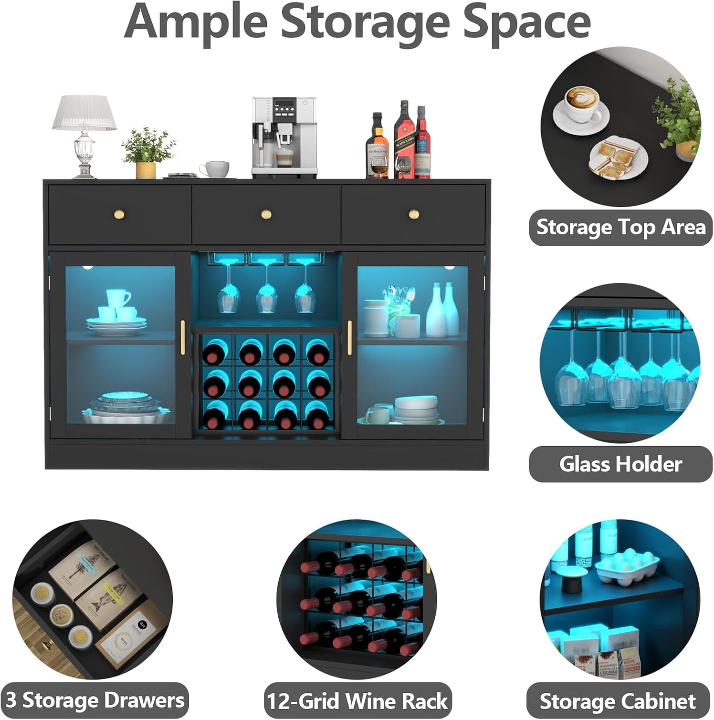 Wine Bar Cabinet with LED Light, Home Coffee Cabinet with Wine and Glass Rack, Kitchen Buffet Sideboard with Storage Cabinet&Drawers, Modern Liquor Cabinet for Living Room Dining Room (Black.)
