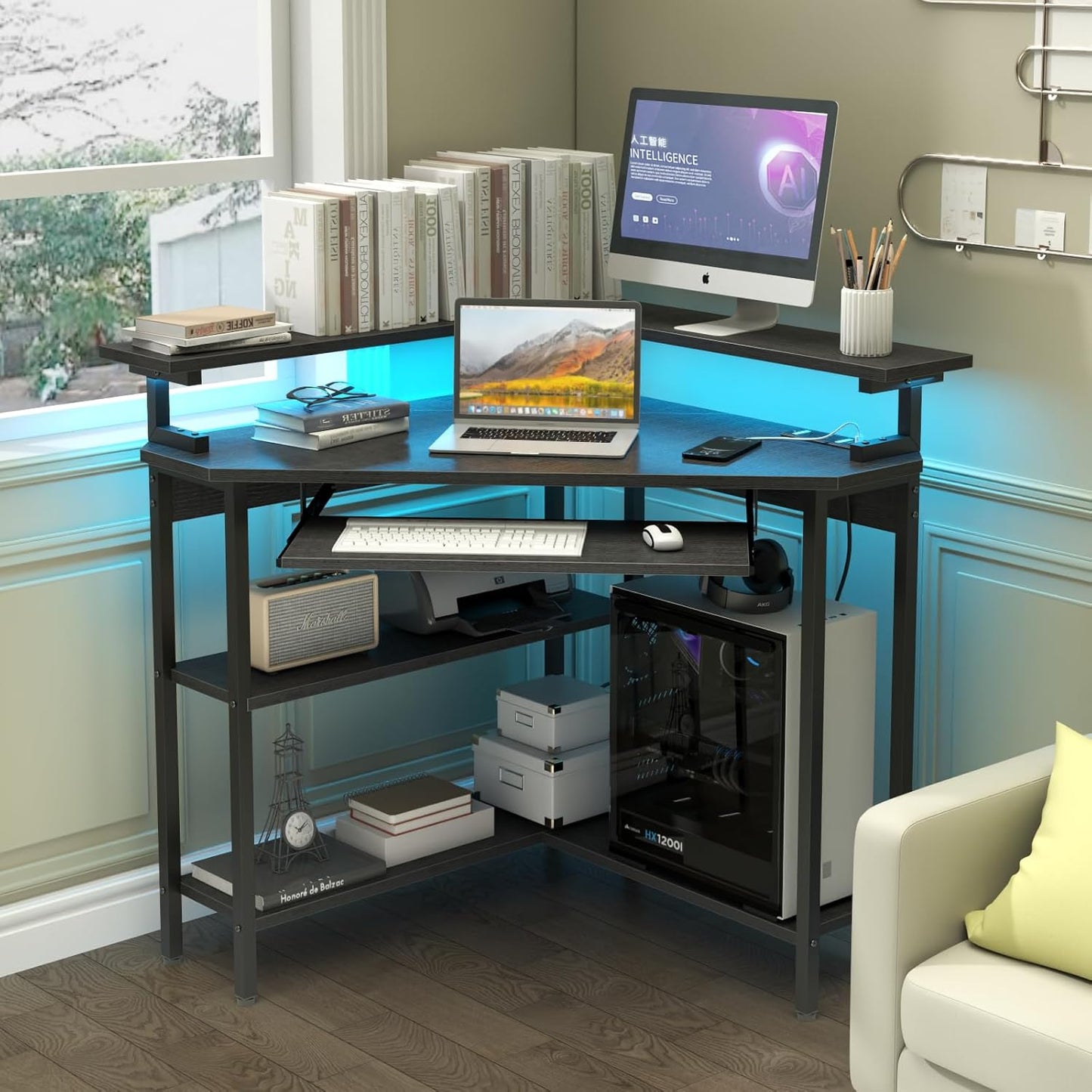 Corner Desk with Charging Station & LED Light, Triangle Corner Desk with Monitor Stand & Keyboard Tray for Small Space, Gaming Computer Desk with Storage Shelves for Home Office (Black)