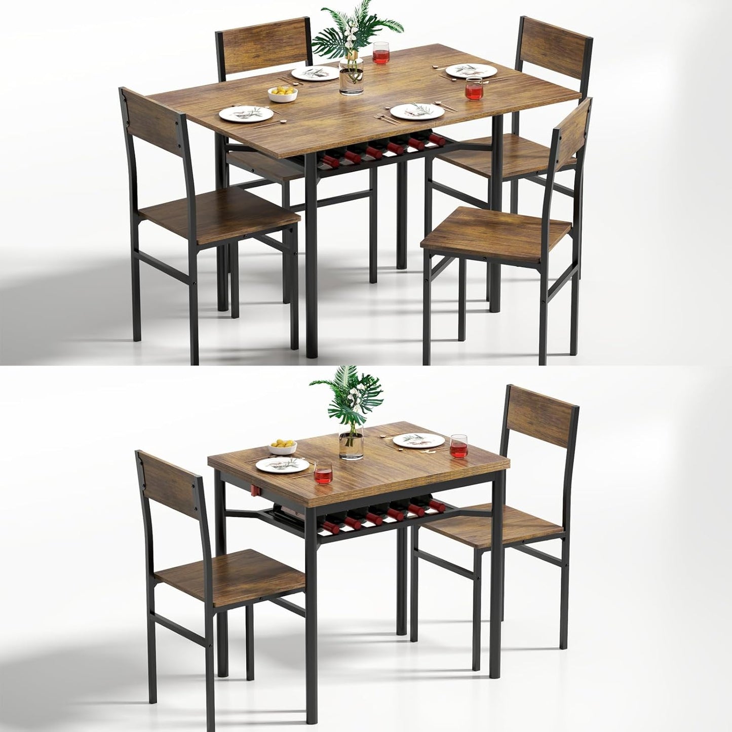 Dining Table Set for 2-6,Folding Dining Table with Storage Rack,5-Piece Extendable Kitchen Table Set with Space-Saving,Dining Room Table Set with 4 Chairs for Dinner Kitchen Office Furniture (Brown)