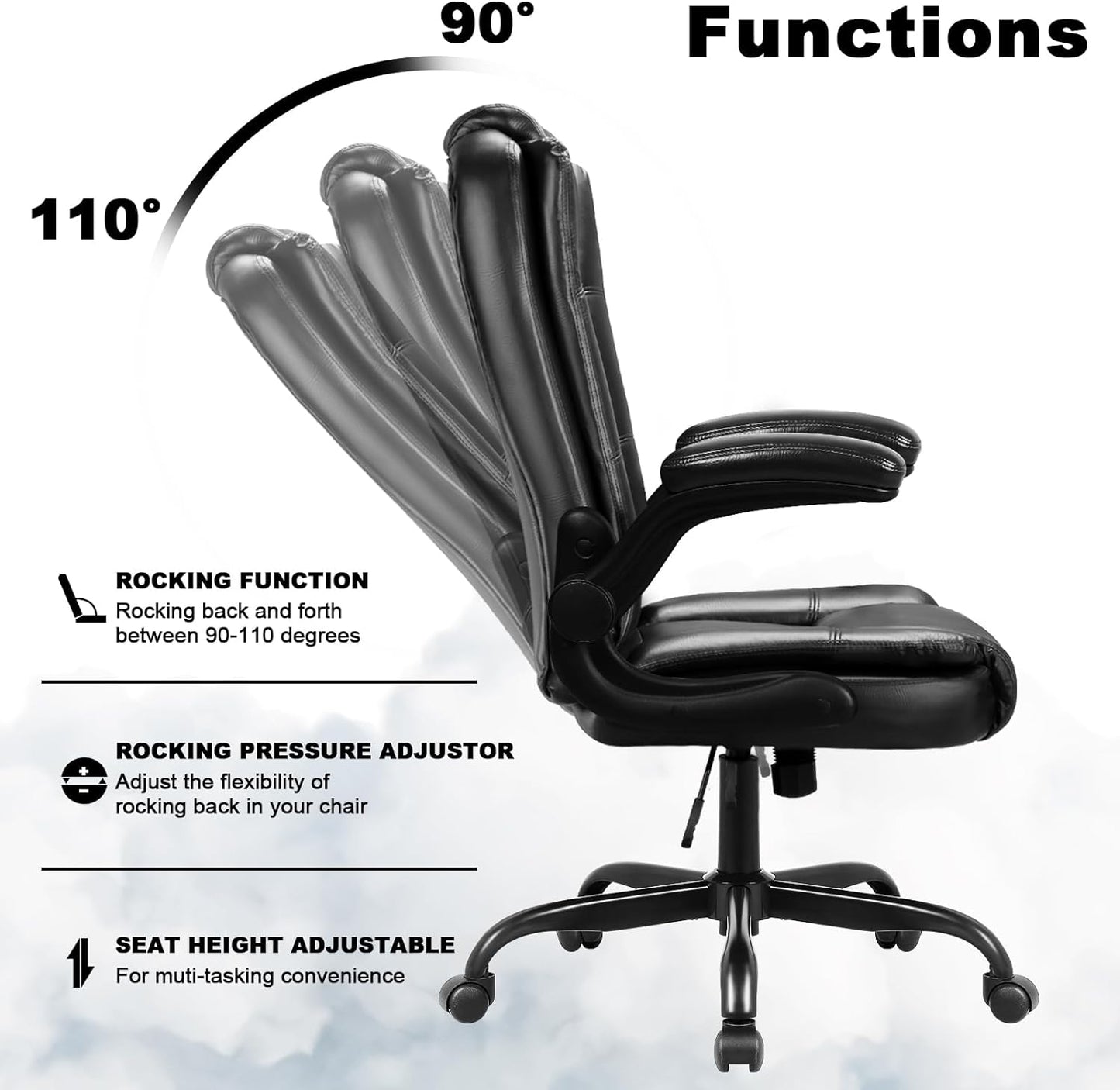 Big and Tall Office Chair Computer Desk Chair - Ergonomic High Back Lumbar Support Home Office Chair with Padded Flip-up Arms, Adjustable Height Leather Office Executive Chair (Black)