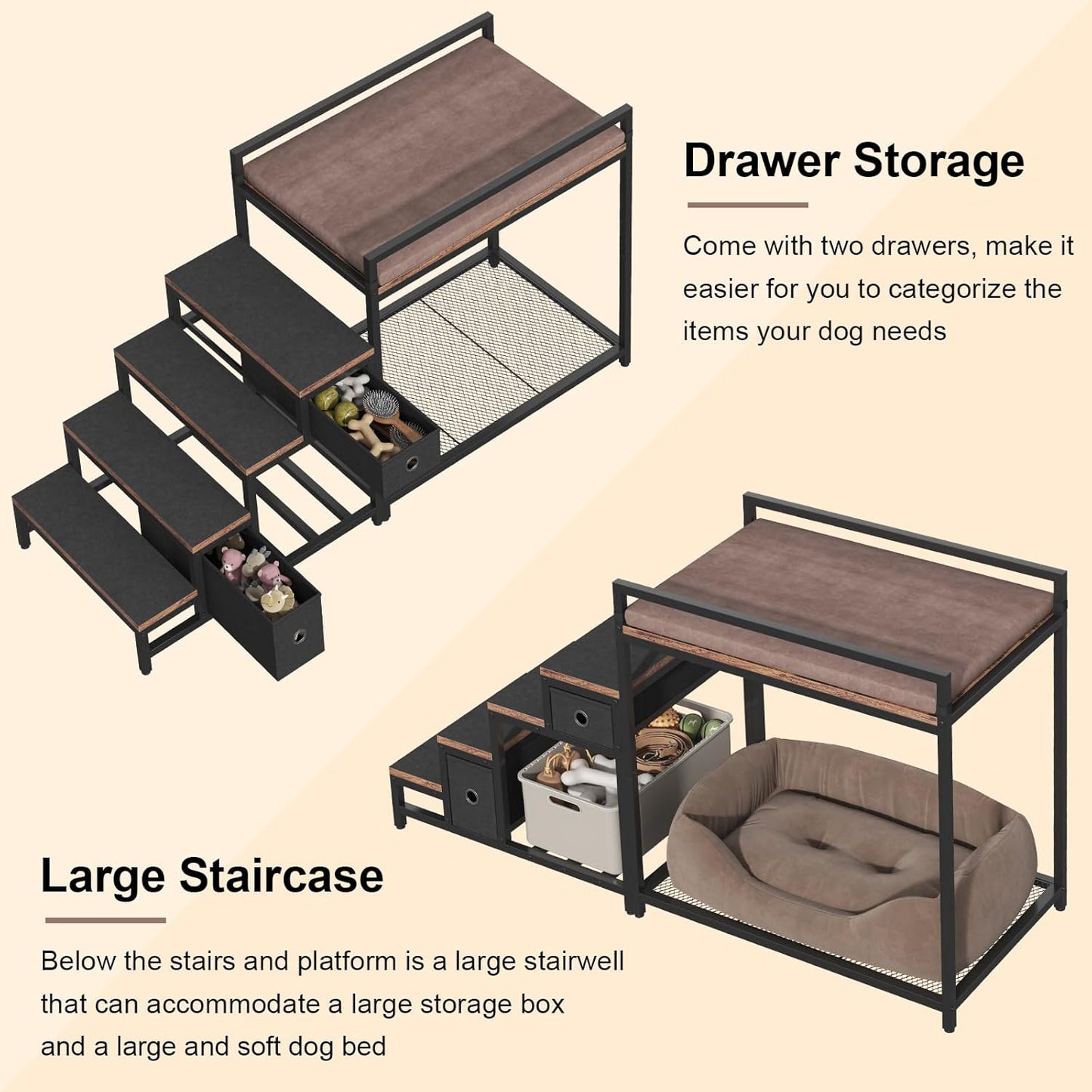 Pet Bunk Bed with Stairs and Storage, Dogs/Cats Window Perch, Bedside Lounge Elevated Dog Bed Multi-Level Platform with Foam Upholstery