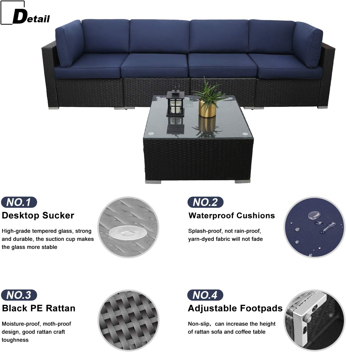 5pcs Outdoor Patio Furniture Set,Wicker Sofa Chairs PE Rattan Thick Cushions Couch with Tea Table and Washable Cushion(Dark Blue)