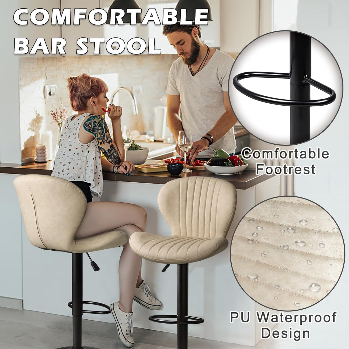 Bar Stools Set of 2,Adjustable Swivel Counter Height Bar Stools with Back & Footrest,Modern Design Bar Chairs,Faux Leather Upholstered Barstools for Bar,Kitchen,Dining Room (Beige, Set of 2)
