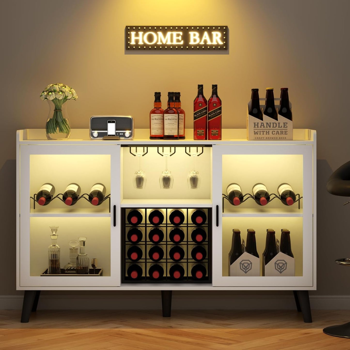 Wine Bar Cabinet with LED Light, Home Coffee Cabinet with Wine Rack and Glass Holder, Kitchen Buffet Sideboard W Storage Shelf, Freestanding Liquor Cabinet for Living Room, Dining Room (White)