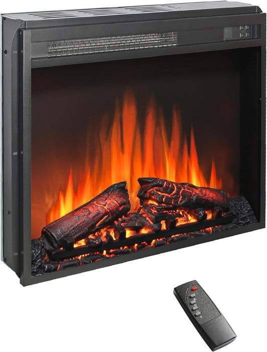 23" Electric Fireplace Insert, Fireplace Heater with Remote, Adjustable 4 Flame Brightness, Log Set, Low Noise, 8H Timer, Overheating Protection, 1400W (23" X 19.7")