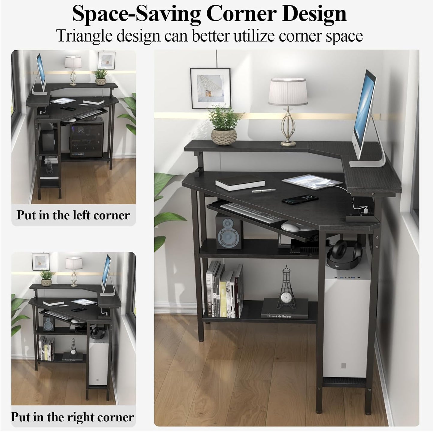Corner Desk with Charging Station & LED Light, Triangle Corner Desk with Monitor Stand & Keyboard Tray for Small Space, Gaming Computer Desk with Storage Shelves for Home Office (Black)