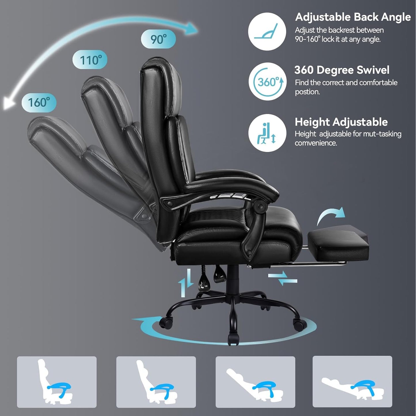 Office Chair,Big and Tall Office Chair with Foot Rest Ergonomic High Back Executive Office Chair 400lbs,Home Office Desk Chairs with Lumbar Support,Reclining Office Chair (Black)