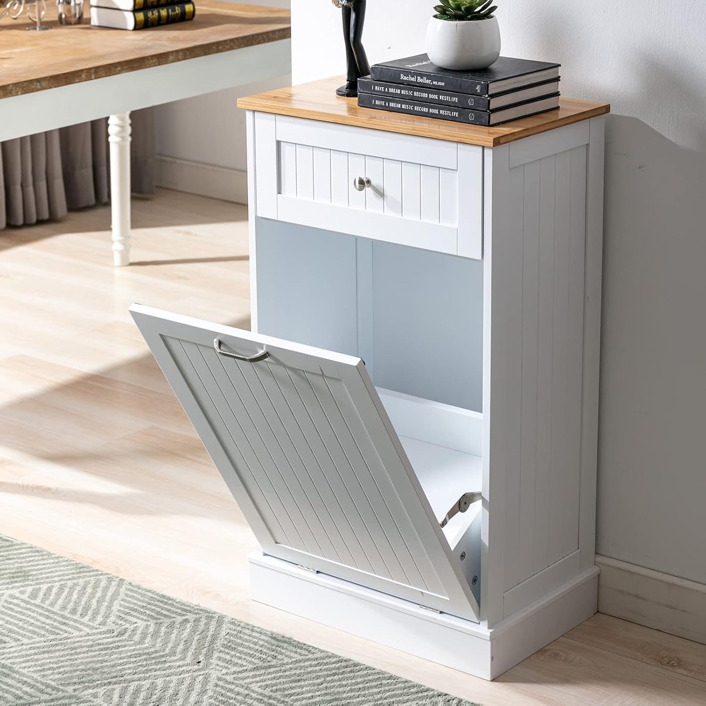 Trash Cabinet Tilt Out Freestanding, Pet Proof Kitchen Trash Cabinet Laundry Hamper with Cutting Board, Wood Garbage Recycling Station Hideaway Trash Holder Drawers (1, White)