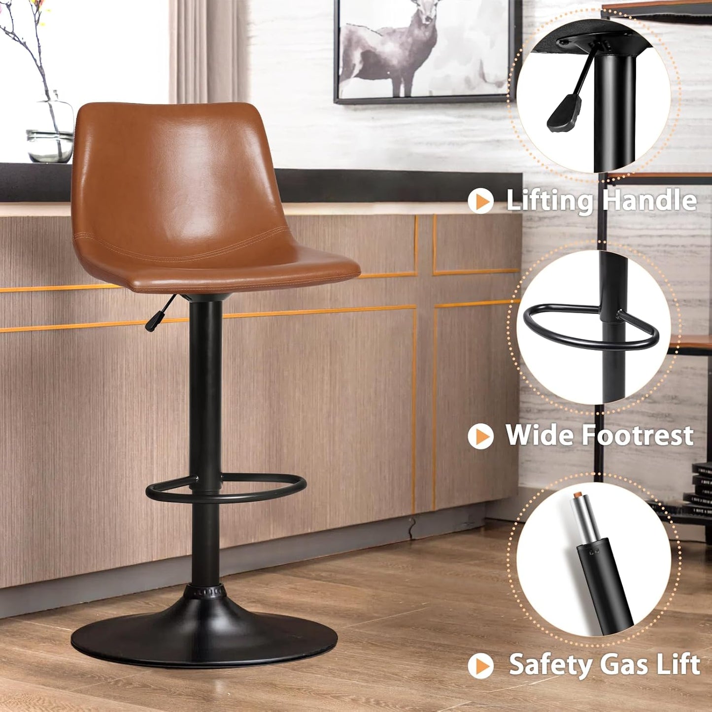 Bar Stools Set of 2 Modern Swivel Barstools Counter Height with Backrest, Faux Leather Upholstered Bar Chairs for Kitchen Island, Brown
