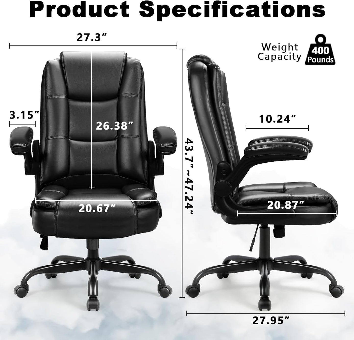 Big and Tall Office Chair Computer Desk Chair - Ergonomic High Back Lumbar Support Home Office Chair with Padded Flip-up Arms, Adjustable Height Leather Office Executive Chair (Black)