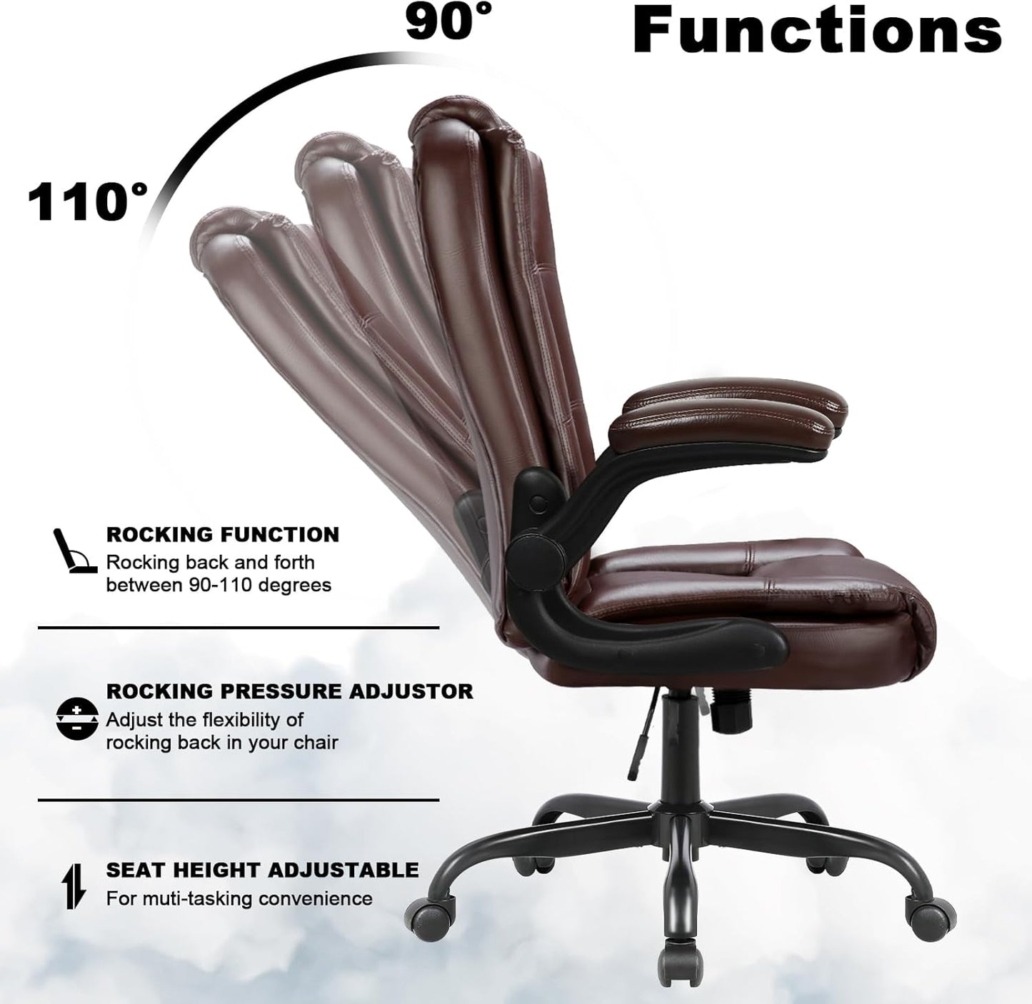Big and Tall Office Chair Computer Desk Chair - Ergonomic High Back Lumbar Support Home Office Chair with Padded Flip-up Arms, Adjustable Height Leather Office Executive Chair (Brown)