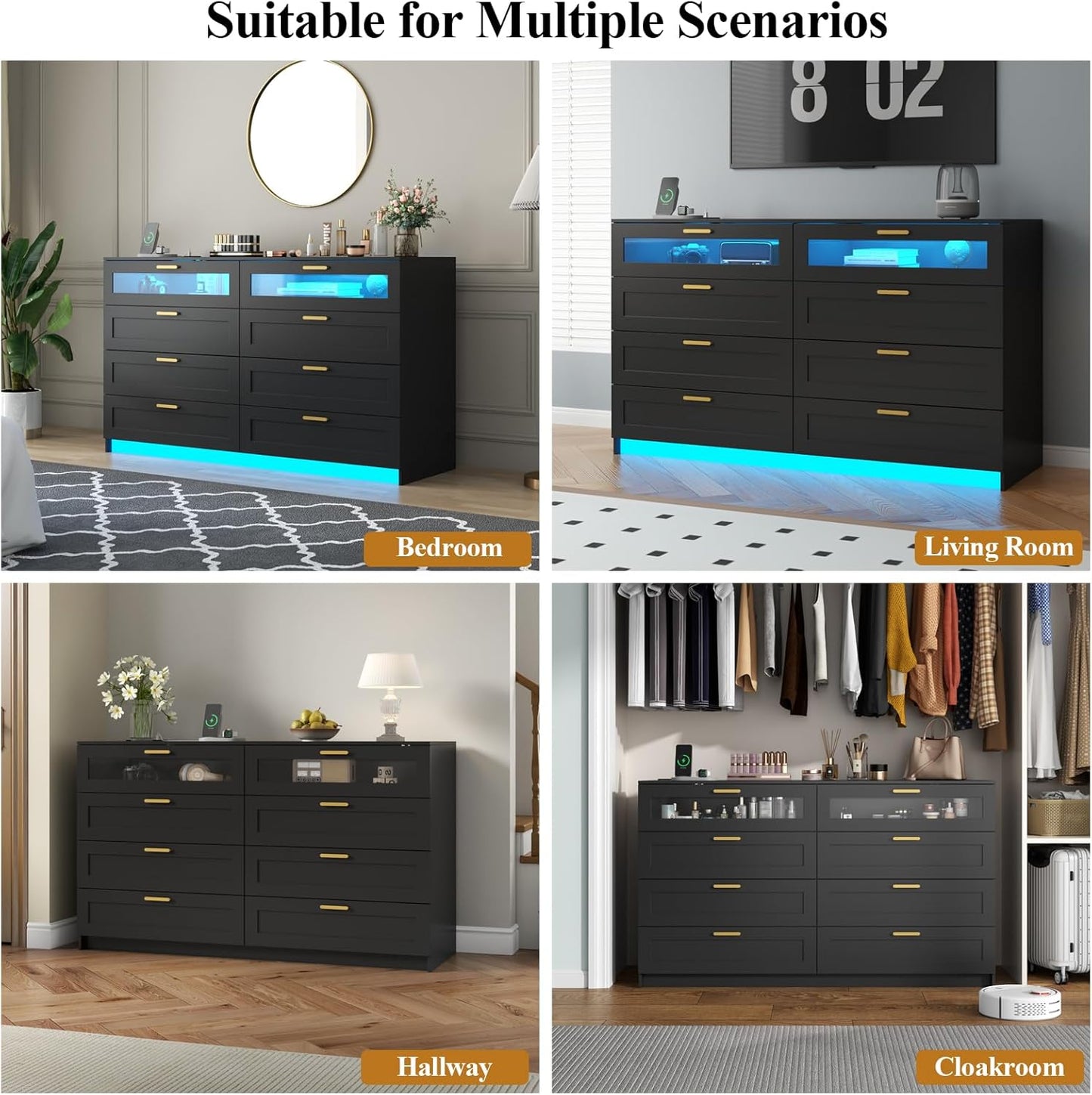 8 Drawers Dresser with Charging Station, White Dresser for Bedroom with LED Lights, Modern Chest of Drawers for Closet, Double Wide Dressers Organizer for Bedroom, Living Room, Entryway (Black)