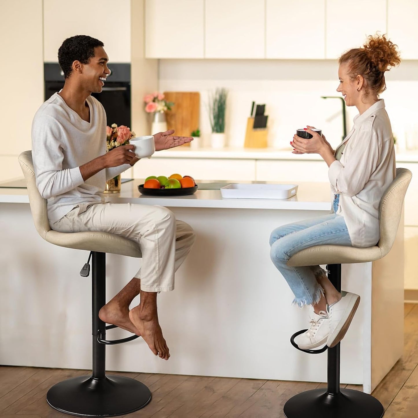 Bar Stools Set of 2,Adjustable Swivel Counter Height Bar Stools with Back & Footrest,Modern Design Bar Chairs,Faux Leather Upholstered Barstools for Bar,Kitchen,Dining Room (Beige, Set of 2)