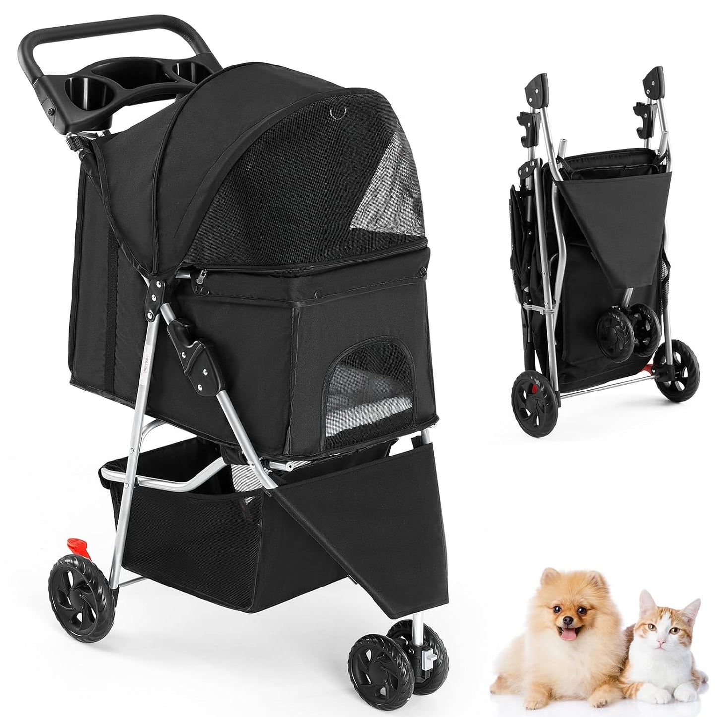 Small Pet Stroller | Lightweight & Foldable Design | Comfortable, Easy-Ride Pet Carrier for Dogs & Cats | Black