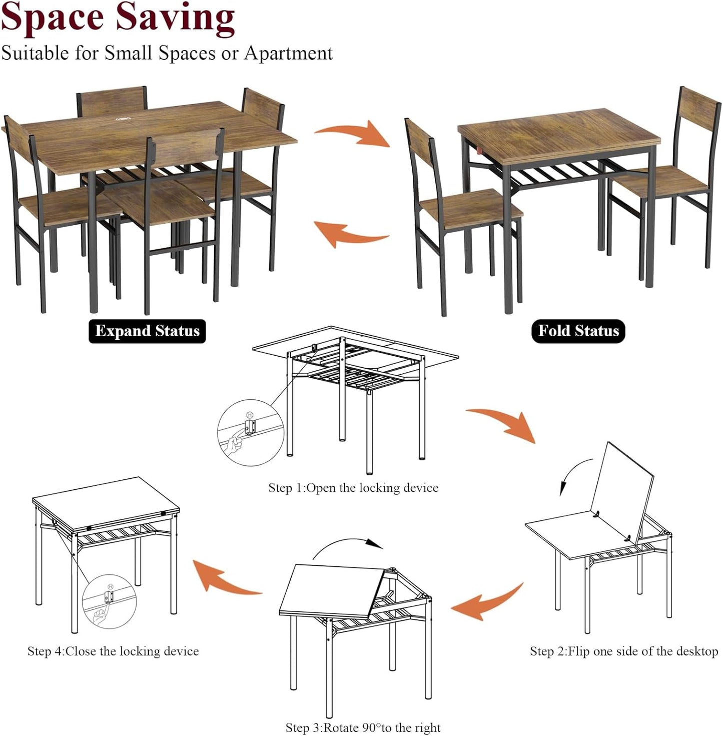 Dining Table Set for 2-6,Folding Dining Table with Storage Rack,5-Piece Extendable Kitchen Table Set with Space-Saving,Dining Room Table Set with 4 Chairs for Dinner Kitchen Office Furniture (Brown)