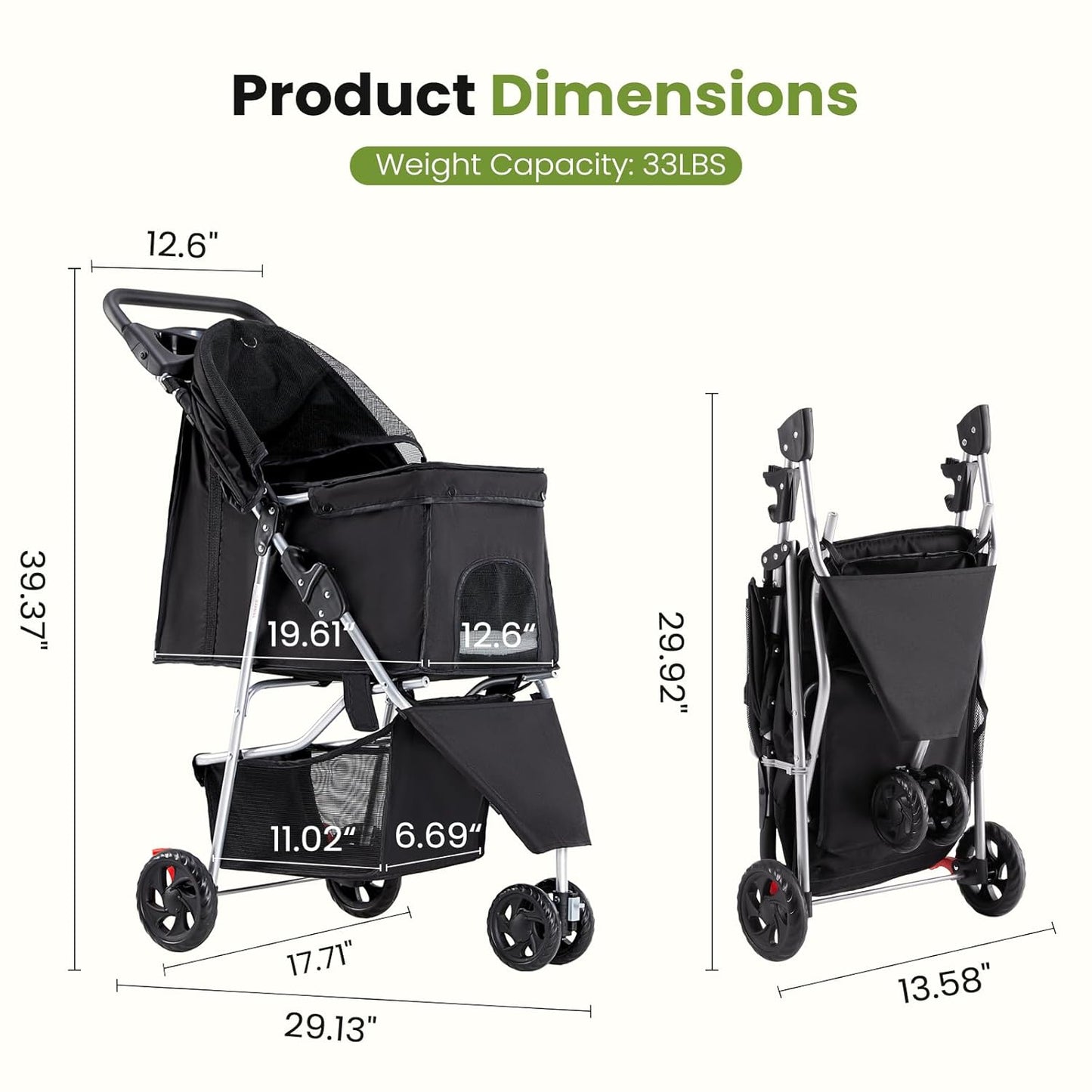 Small Pet Stroller | Lightweight & Foldable Design | Comfortable, Easy-Ride Pet Carrier for Dogs & Cats | Black