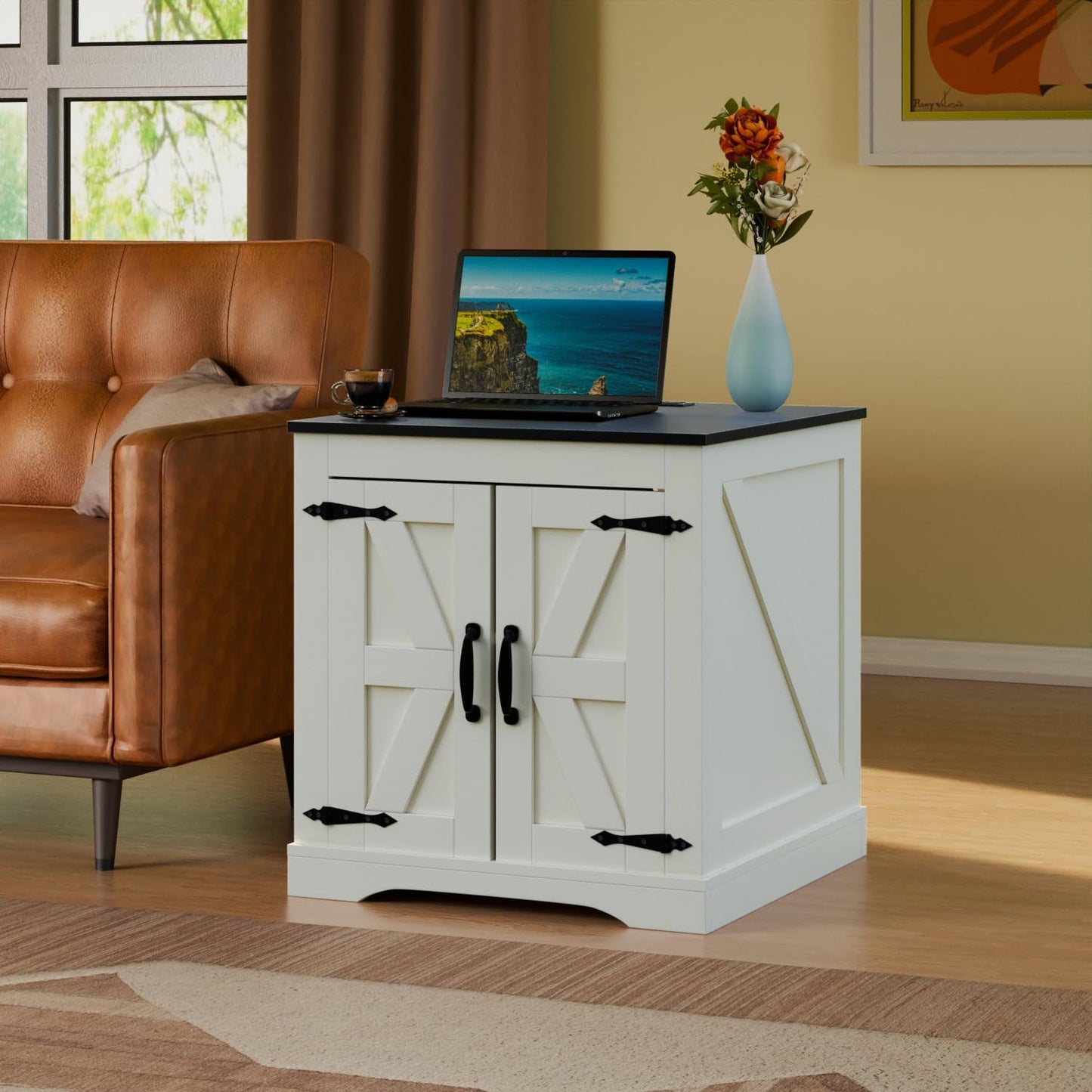 Farmhouse End Table, Sofa Side Table with Charging Station, 24" Large Wood Square Nightstand with Doors, Modern Storage Cabinet for Living Room, Bedroom, Entryway (White)
