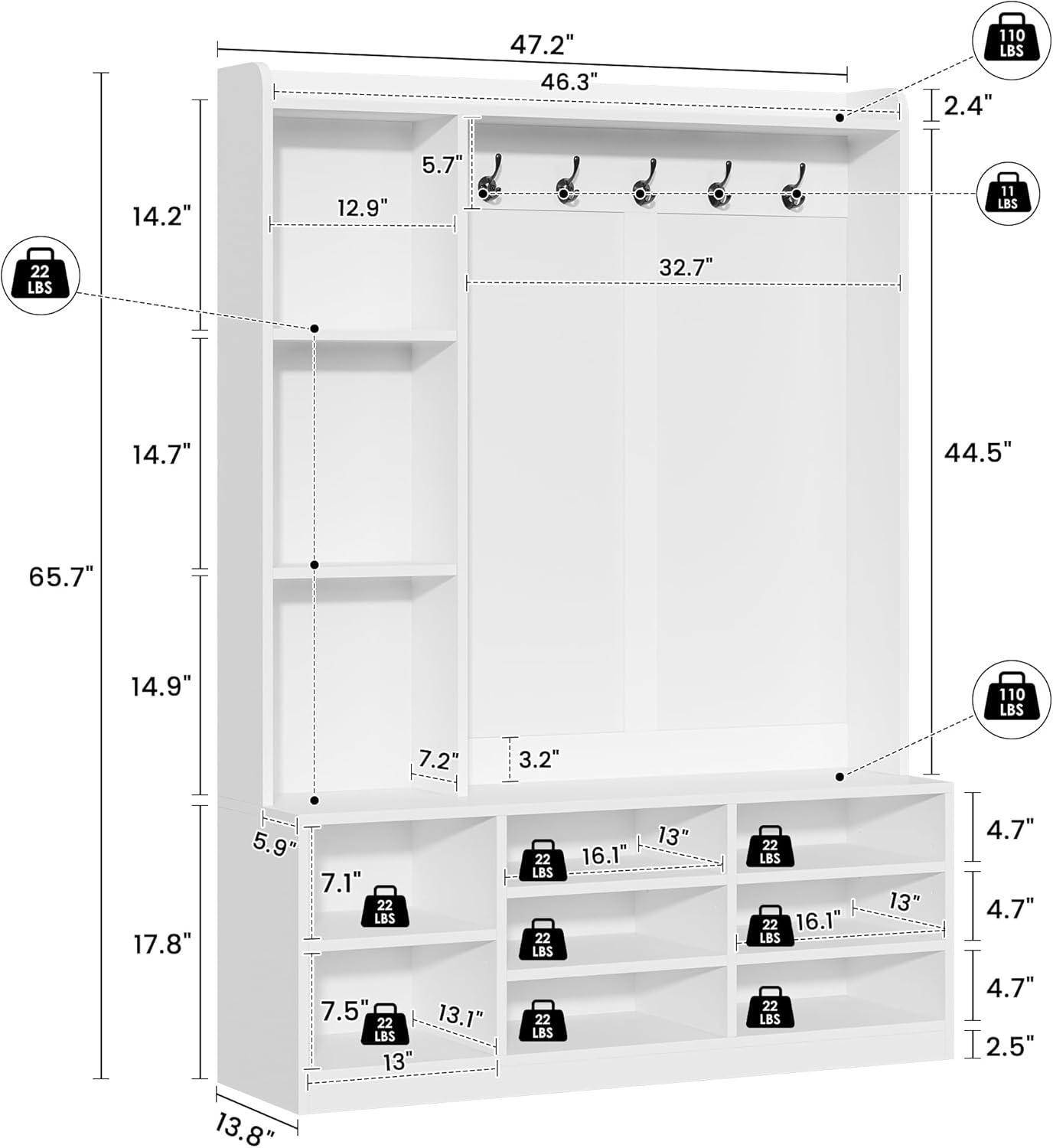 Hall Tree with Bench and Shoe Rack, 5-in-1 Entryway Bench, Coat Rack with 8 Shoe Cubbies & 5 Coat Hooks, Adjustable Shelf, Top and Side Storage, White
