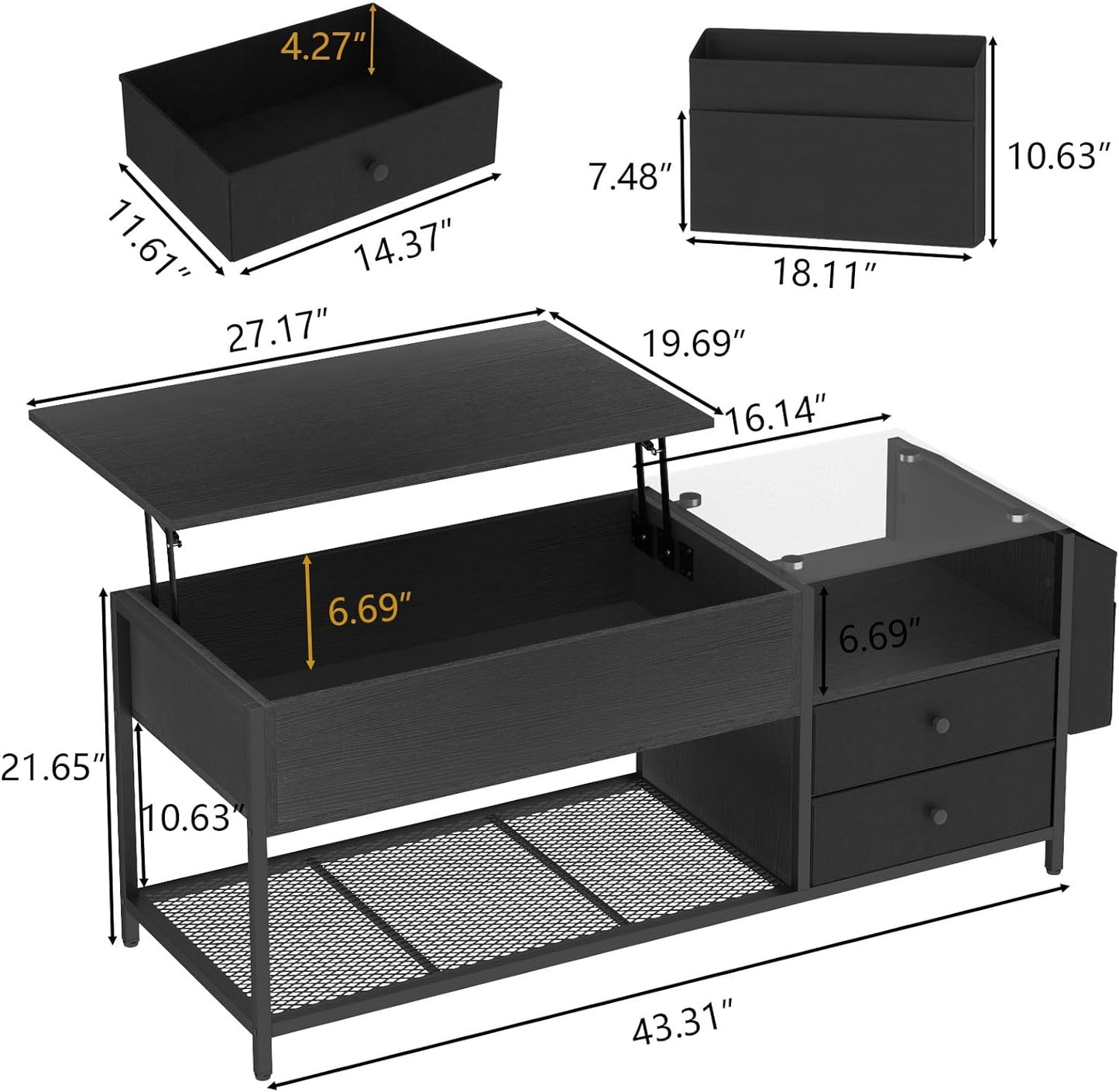 Lift Top Coffee Table with LED Light & Power Outlet, Retro Coffee Tables with Storage Drawers Hidden Compartment, Centre Table with Tempered Glass Top, Side Bag for Living Room (Black)