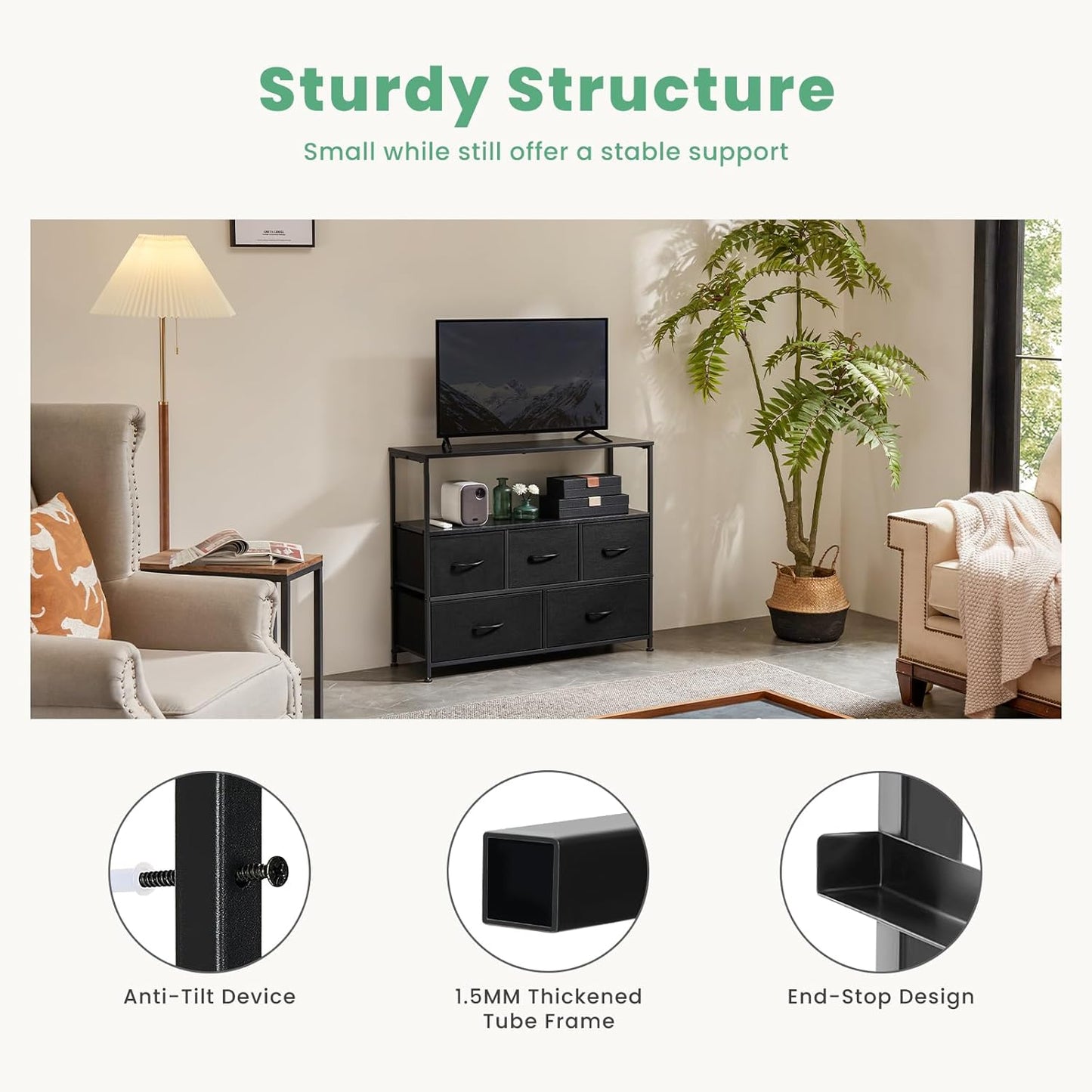 TV Stand Dresser for Bedroom with 5 Fabric Drawer,Entertainment Center for 45 inch Television, Media Console Table with Storage, Open Shelf, Adjustable Feet, Living Room Furniture, Blac