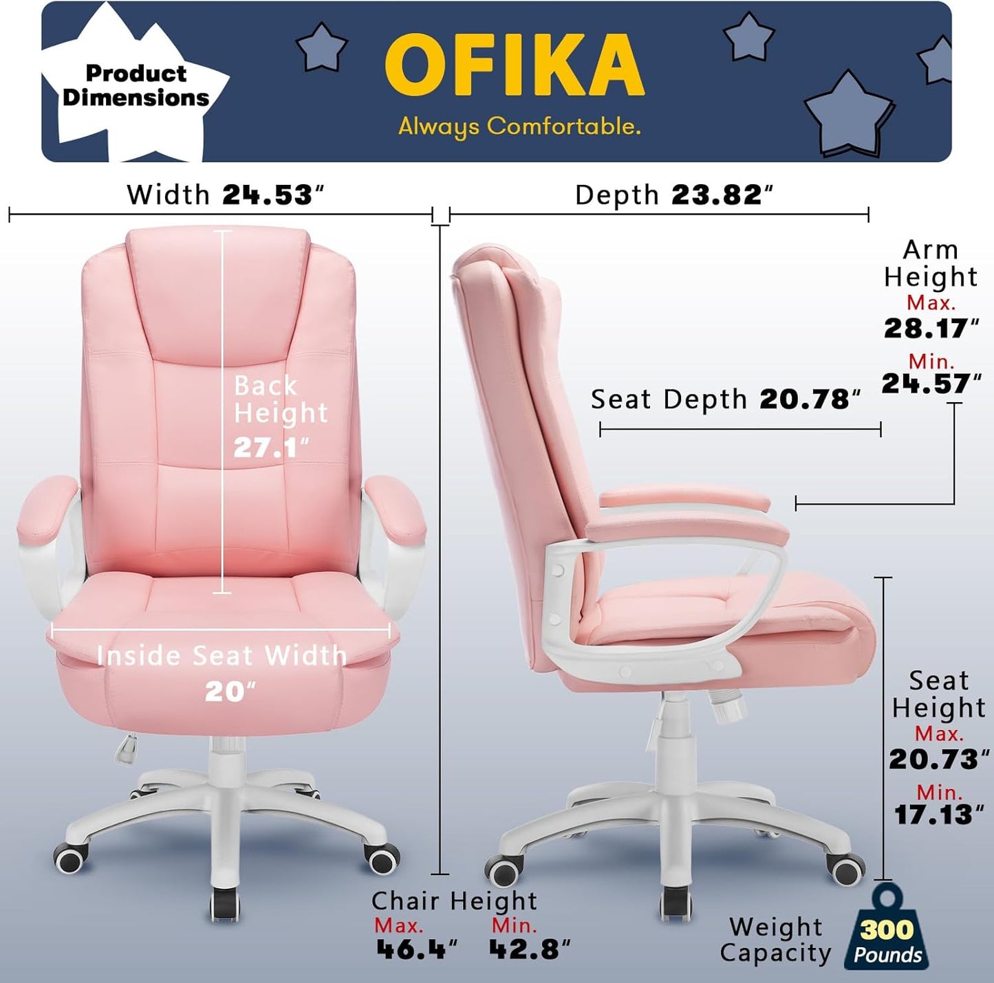 Home Office Chair, Ergonomic Desk Chair, Adjustable Task Chair for Lumbar Back Support, Computer Chair with Rolling Swivel and Armrest, Modern Executive High Back Leather Chairs (Pink)