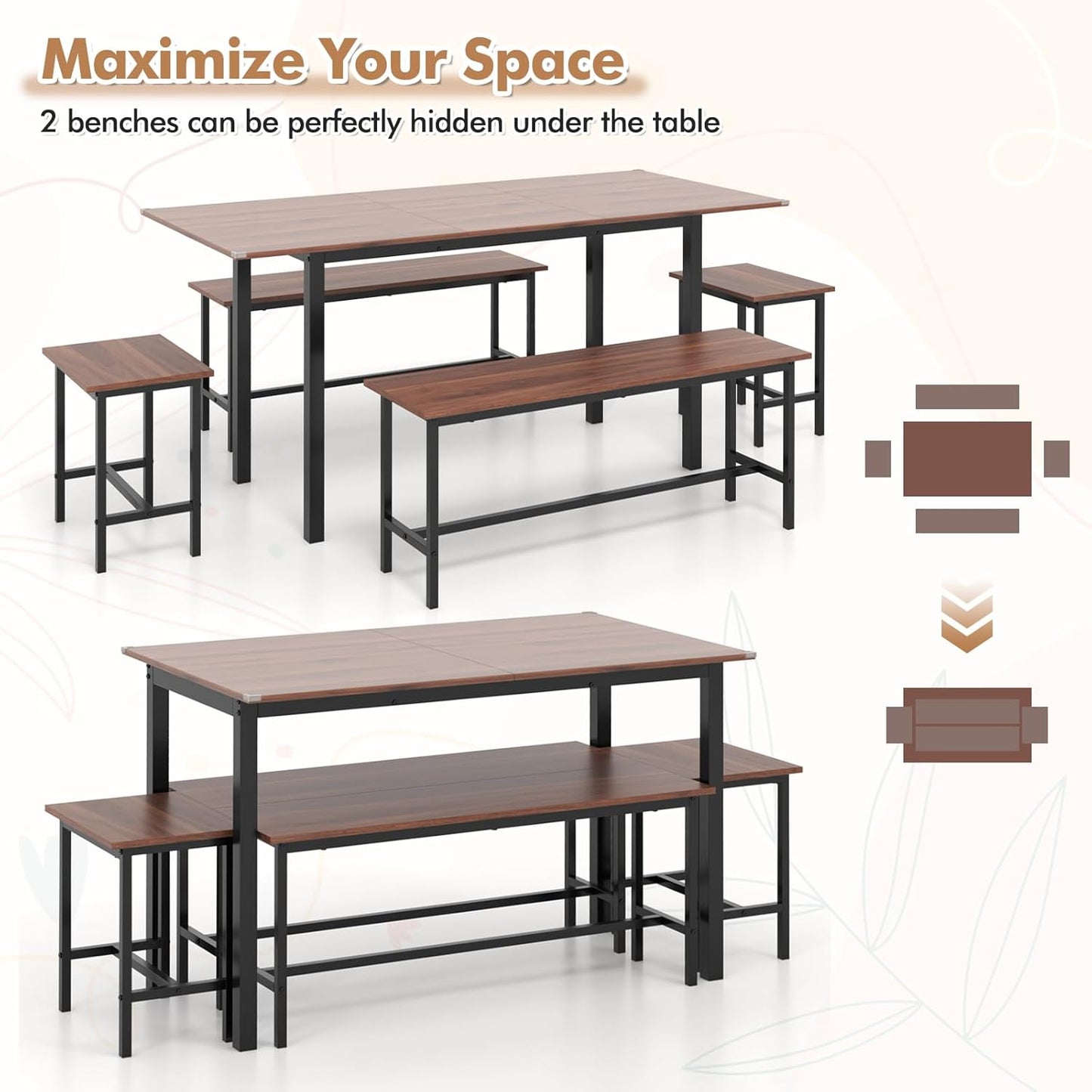 Dining Table Set for 4-6, 5-Piece Kitchen Table Chairs Set, 63” Extendable Table with 2 Benches, 2 Stools, Dinette Table Set, Breakfast Nook Table Set, Dining Room Table Set