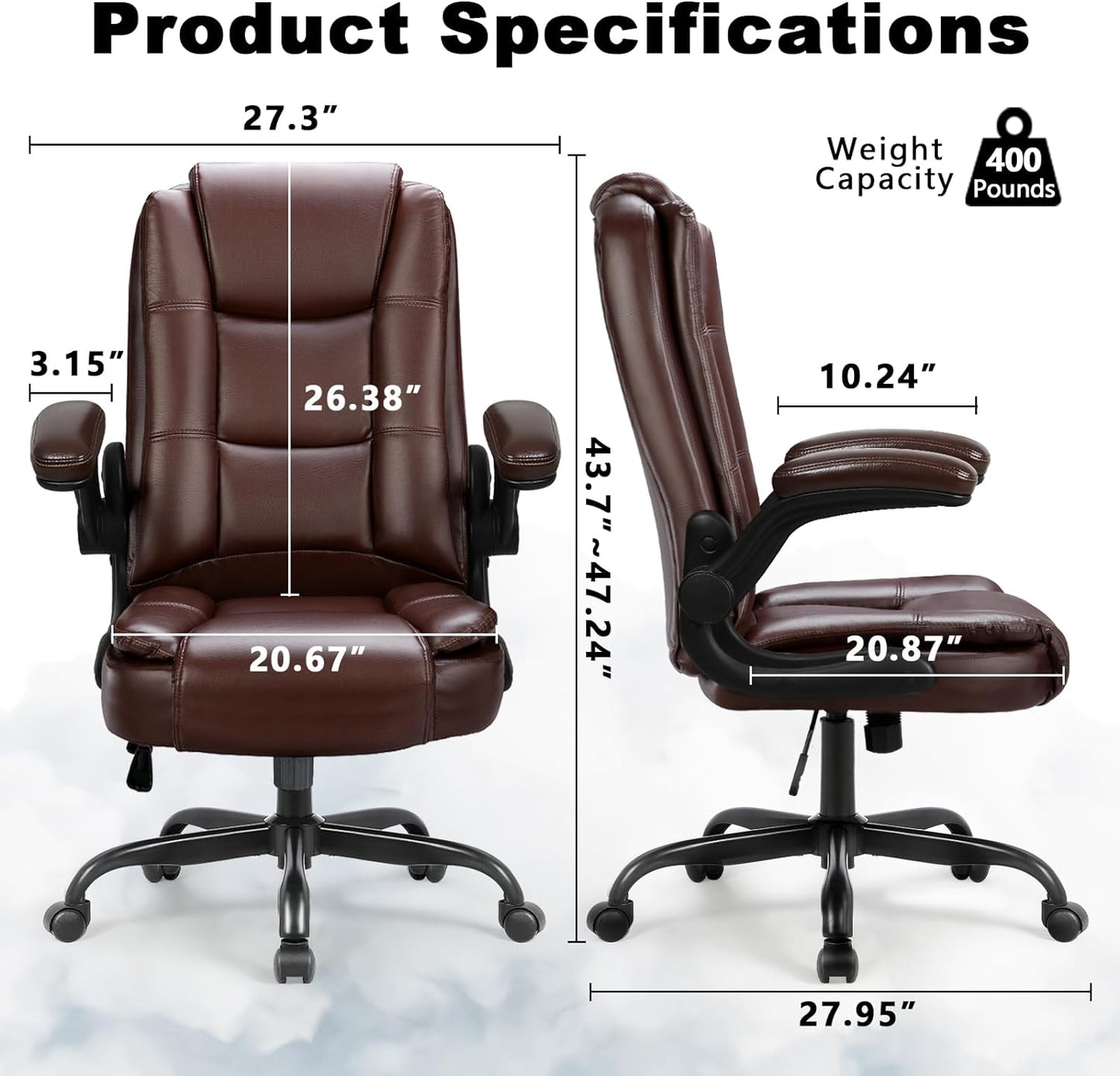 Big and Tall Office Chair Computer Desk Chair - Ergonomic High Back Lumbar Support Home Office Chair with Padded Flip-up Arms, Adjustable Height Leather Office Executive Chair (Brown)