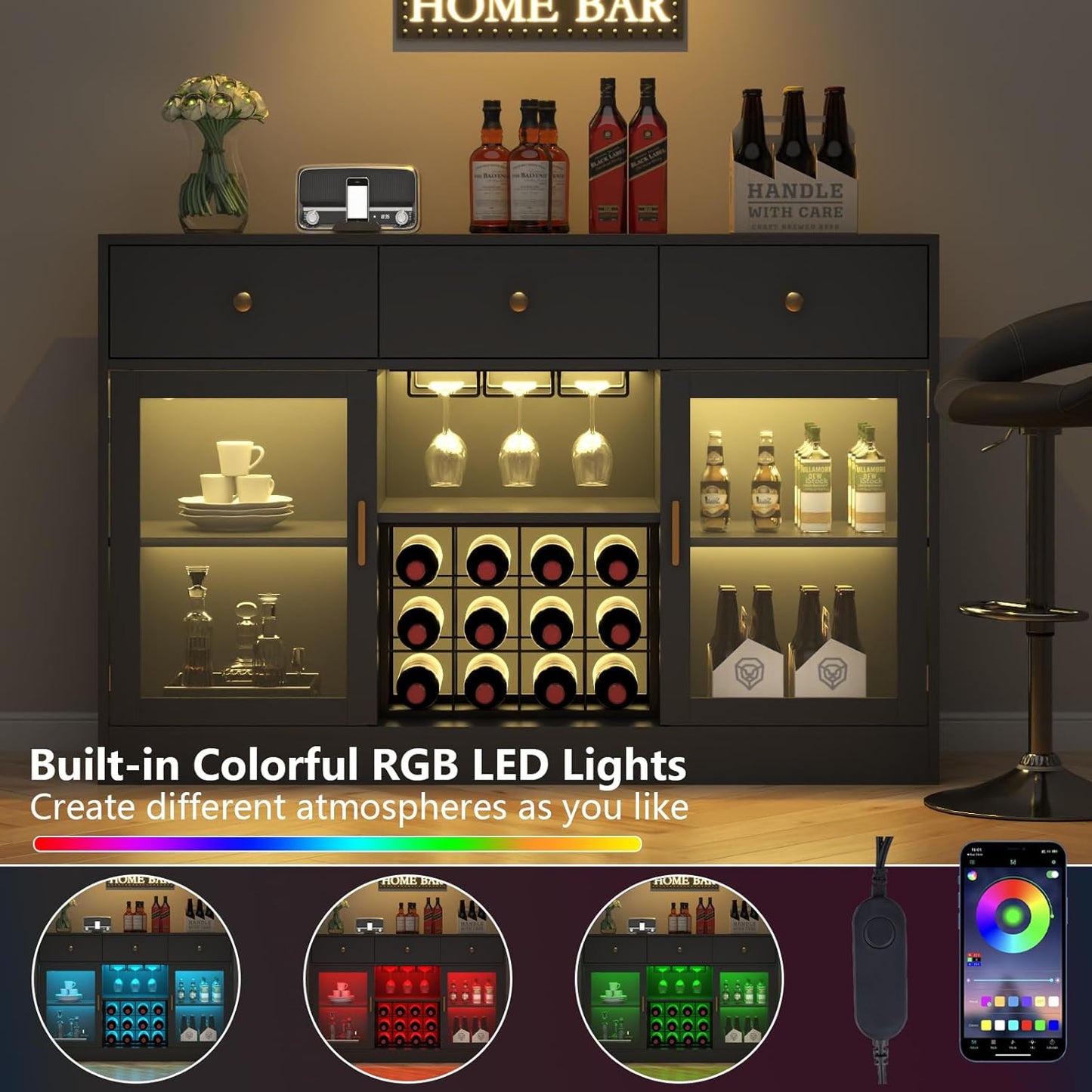 Wine Bar Cabinet with LED Light, Home Coffee Cabinet with Wine and Glass Rack, Kitchen Buffet Sideboard with Storage Cabinet&Drawers, Modern Liquor Cabinet for Living Room Dining Room (Black.)