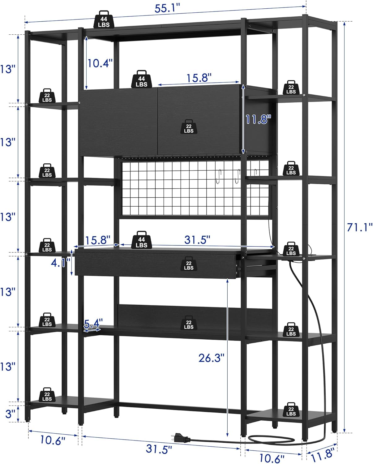 5 Tiers Black Bookshelf with Home Office Desk and RGB Lights and Power Outlet, 71.1" Tall Book Shelf with Drawer & Storage Cabinet & 12 Storage Shelves, Large Bookcase with 2 Doors, Black