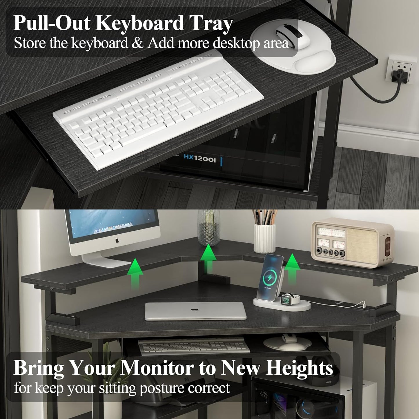 Corner Desk with Charging Station & LED Light, Triangle Corner Desk with Monitor Stand & Keyboard Tray for Small Space, Gaming Computer Desk with Storage Shelves for Home Office (Black)