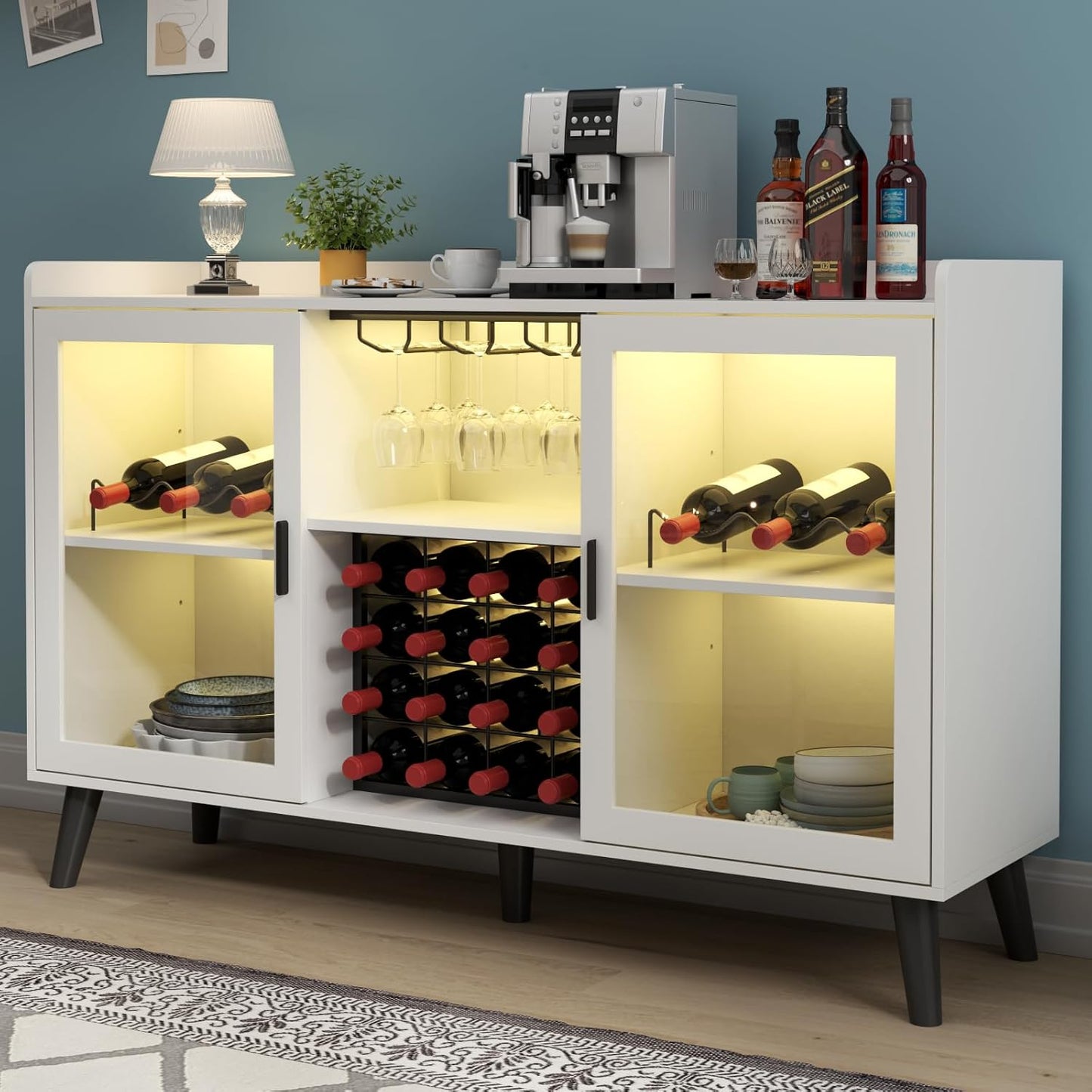 Wine Bar Cabinet with LED Light, Home Coffee Cabinet with Wine Rack and Glass Holder, Kitchen Buffet Sideboard W Storage Shelf, Freestanding Liquor Cabinet for Living Room, Dining Room (White)