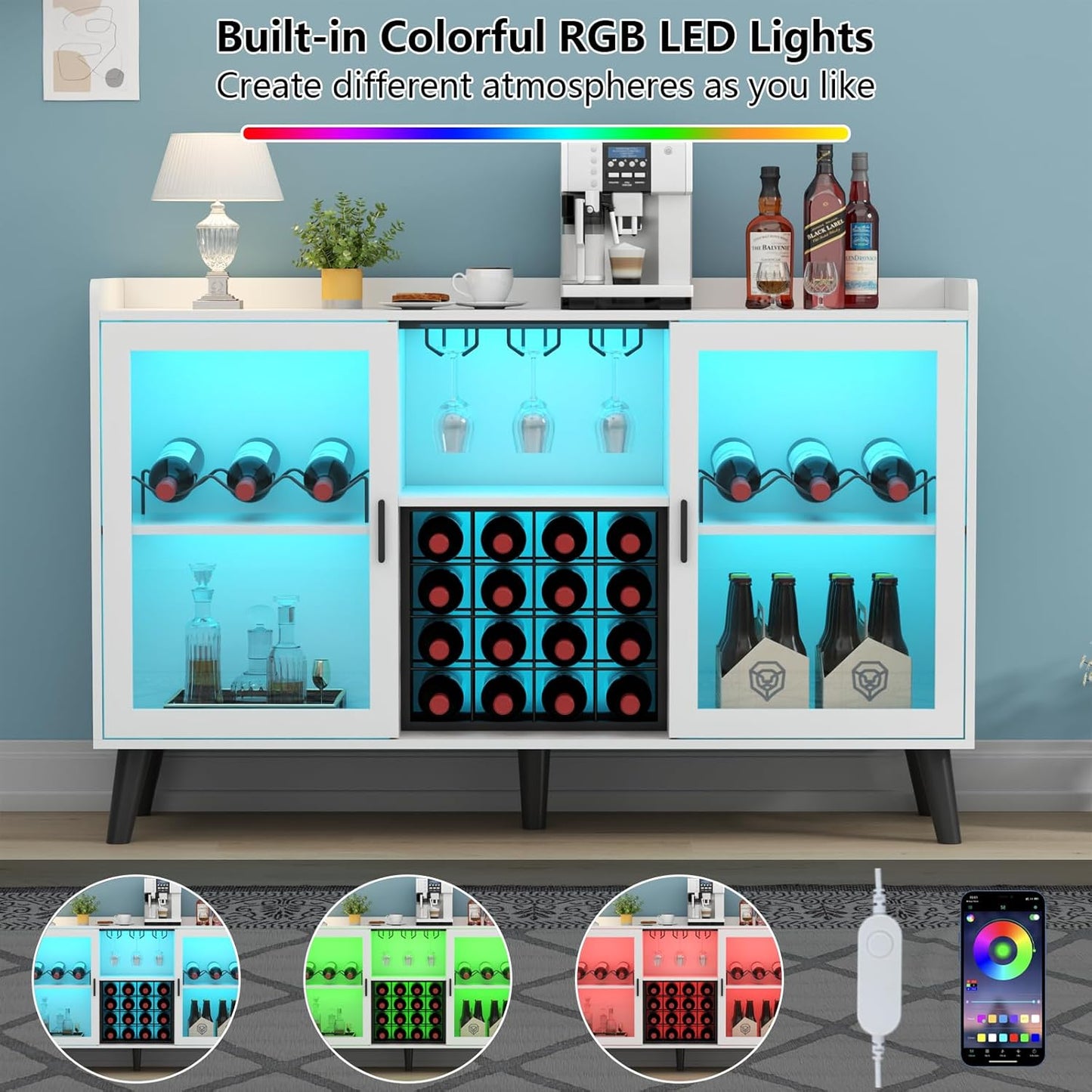 Wine Bar Cabinet with LED Light, Home Coffee Cabinet with Wine Rack and Glass Holder, Kitchen Buffet Sideboard W Storage Shelf, Freestanding Liquor Cabinet for Living Room, Dining Room (White)